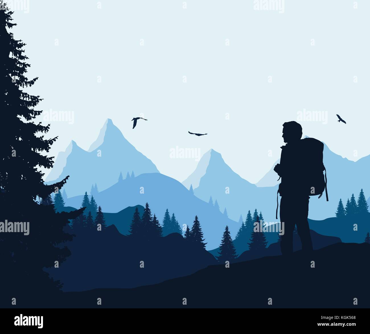 Vector illustration of a mountain landscape with a forest and flying ...