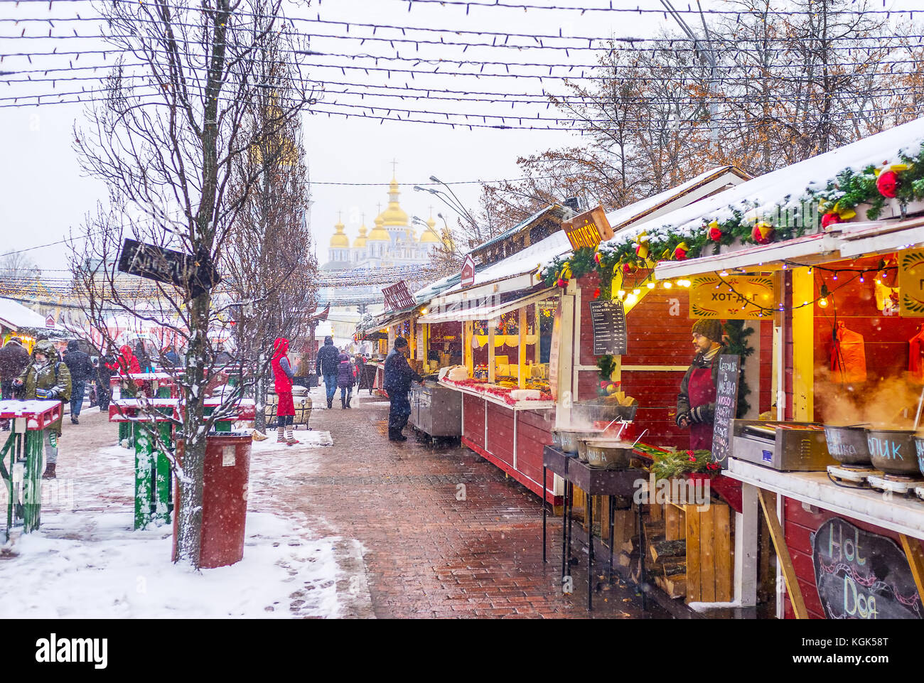 KIEV, UKRAINE - JANUARY 4, 2017: The Christmas Market starts at St Michael Square with stalls, offering snacks and drinks and then stretches along Vla Stock Photo