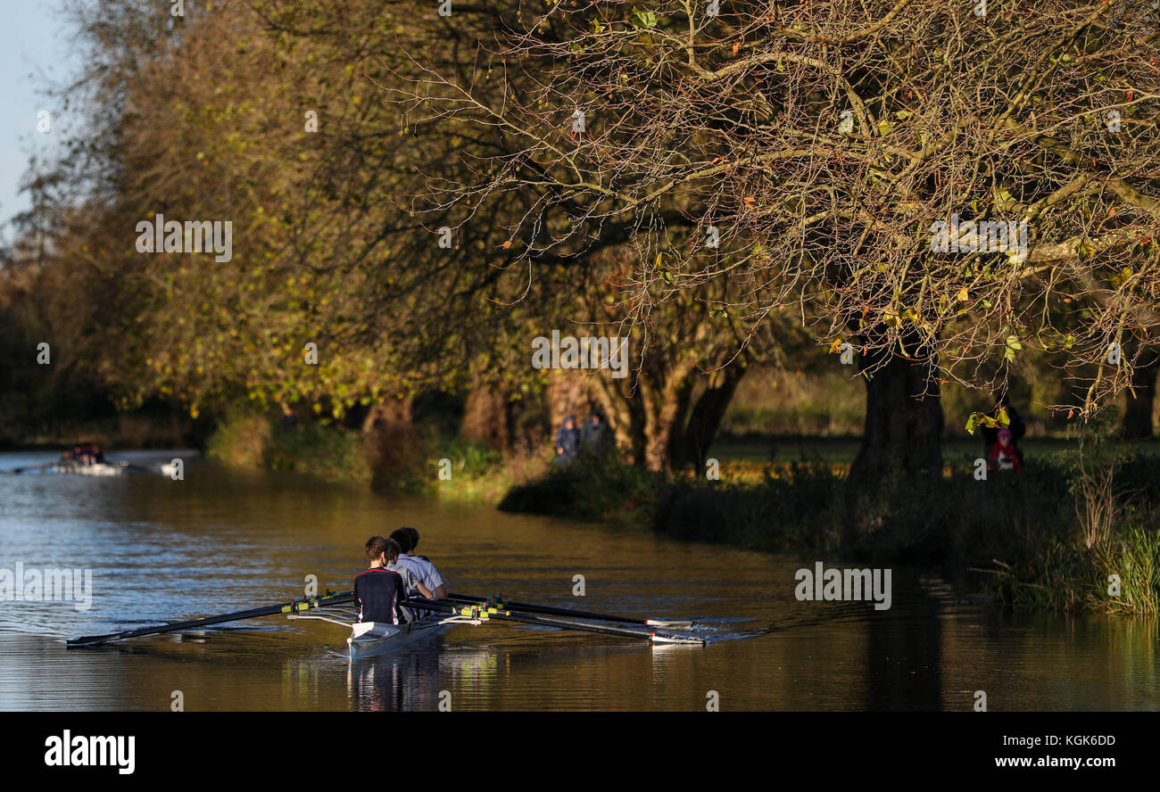 Rowers from the Winchester College Rowing club make their way along the Itchen Navigation in Winchester. Stock Photo