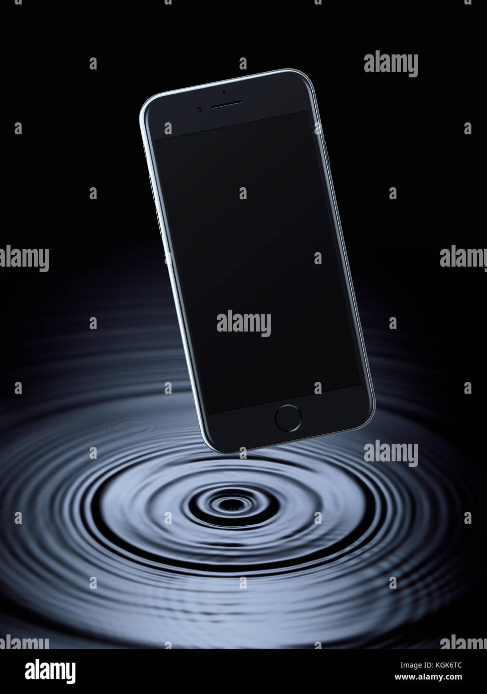 A sleek, modern smartphone with blank screen on top of beautiful drip droplet water surface Stock Photo