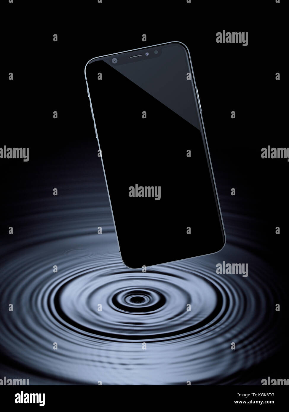 A modern smartphone with blank screen over the beautiful drip droplet blue water surface. Stock Photo