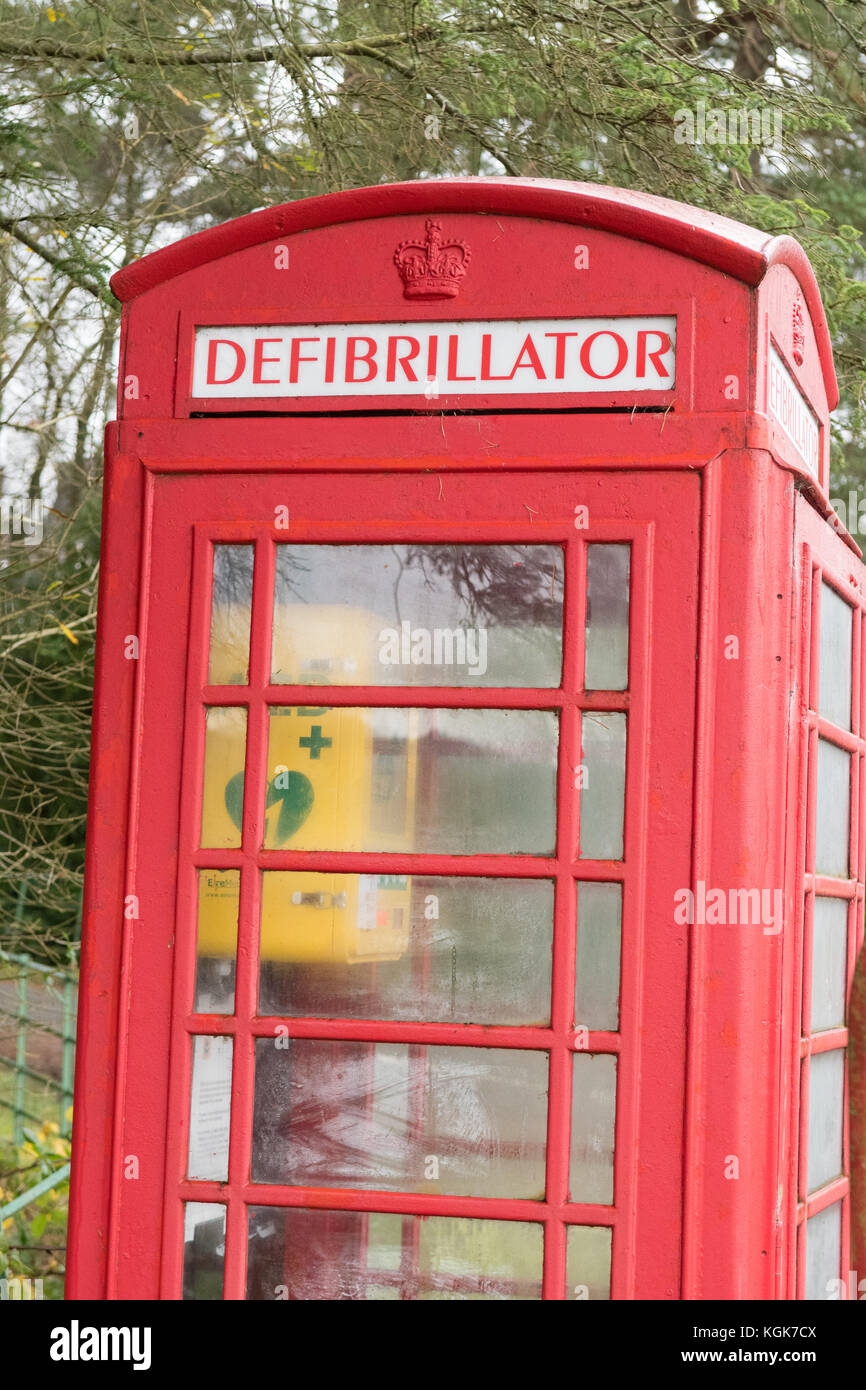 Defibrillator in red telephone box in remote location - Stronachlachar, Loch Lomond and the Trossachs National Park, Scotland, UK Stock Photo
