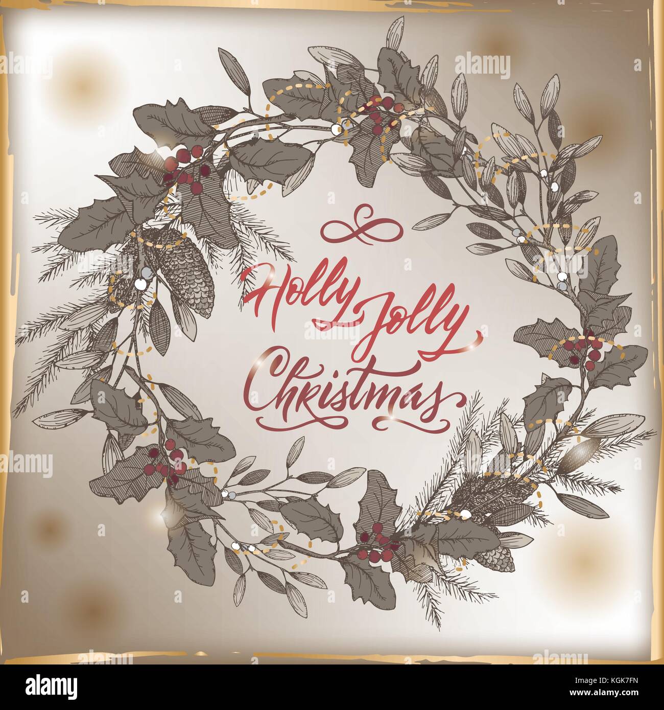 Foto Di Natale Vintage.Vintage Christmas Card With Holly Jolly Brush Lettering Mistletoe Stock Vector Image Art Alamy