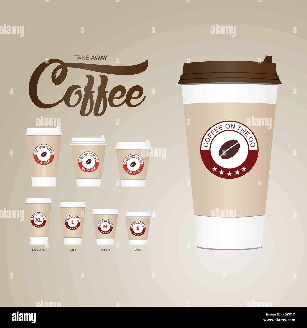 Coffee on the go cups. Different sizes of take away paper coffee cups