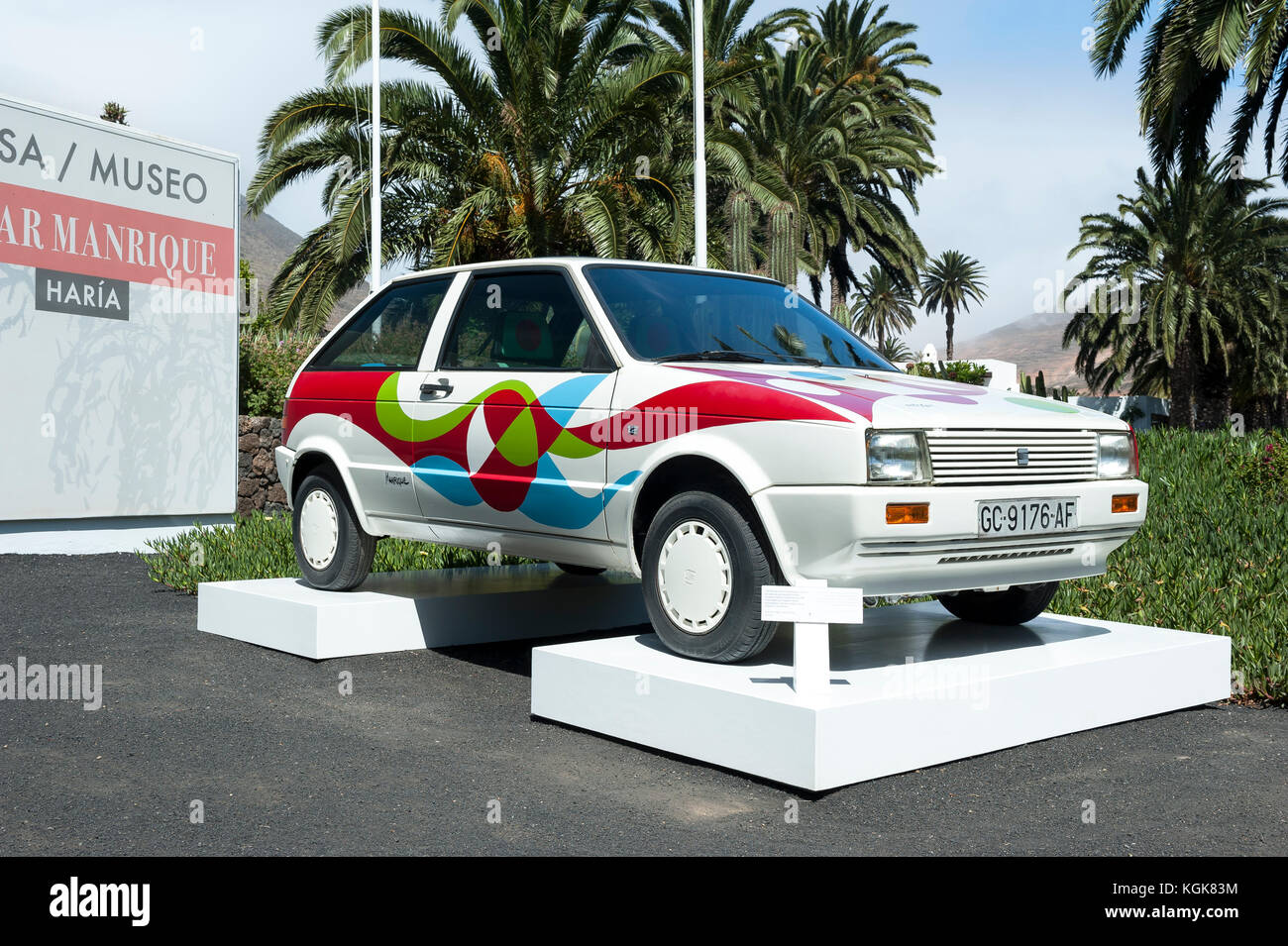 Seat Ibiza painted by Cesar Manrique, Cesar Manrique House and Museaum, Haria, Lanzarote, Canary Islands, Spain Stock Photo