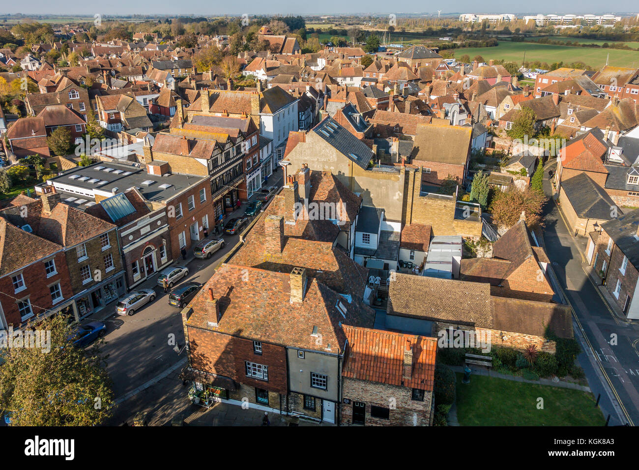 Ariel view,Sandwich Rooftops,Discovery Park ,previously Pfizers, in the  Background,Sandwich,Kent,England,UK,From St Peters Church Tower Stock Photo  - Alamy