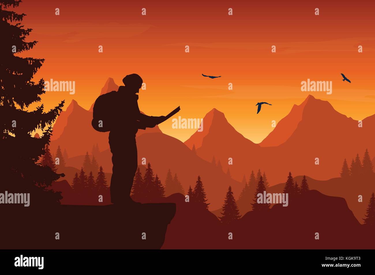 Vector illustration of a mountain landscape with a forest and flying ...