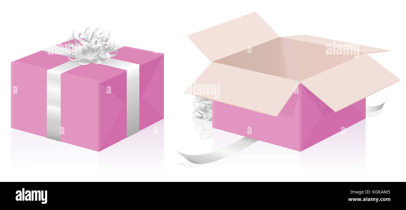 Valentine gift package - closed and opened pink present carton box with silver ribbons - isolated 3d illustration on white background. Stock Photo