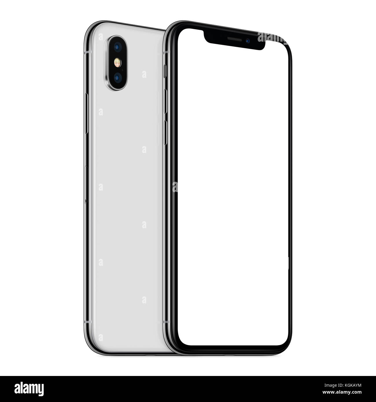 White rotated smartphones mockup similar to iPhone X front and back ...