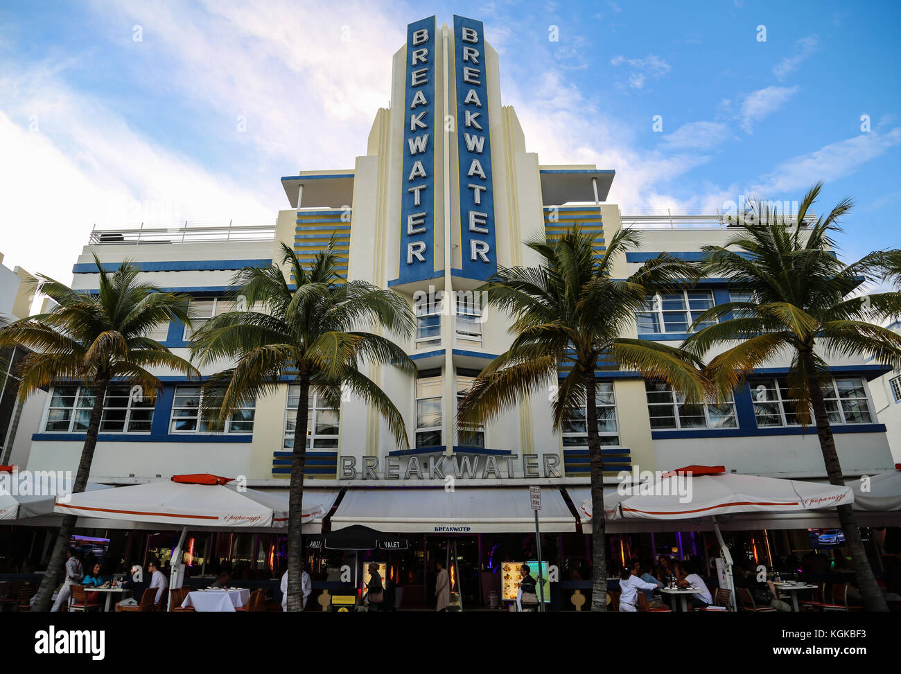 The Breakwater Hotel, a cool Art Deco building on Ocean Drive in South Beach, Miami Beach, Miami, Florida, USA. Stock Photo