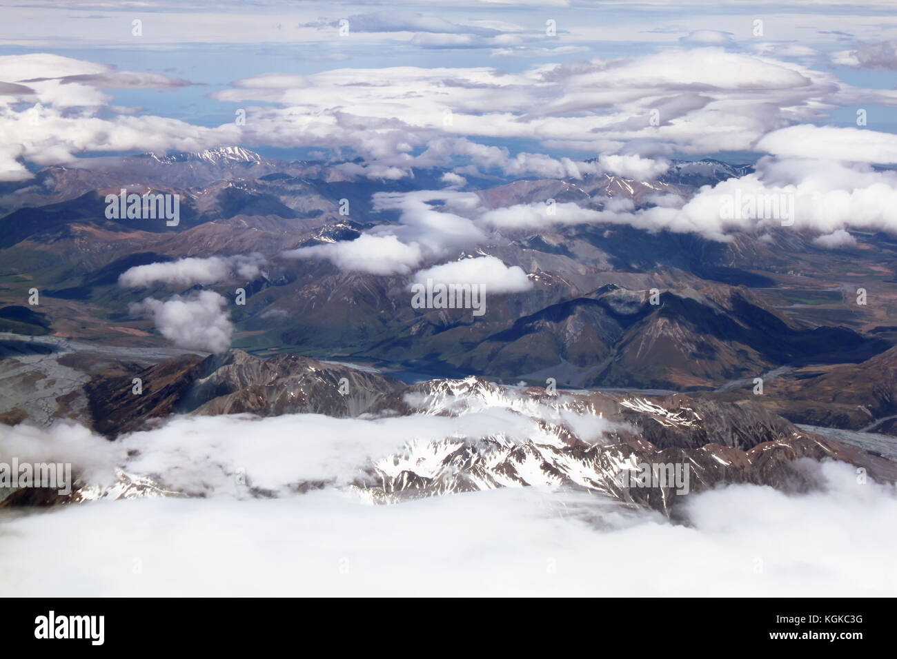 Aerial view of New Zealand mountains, South Island. Photo is taken from airplane heading from Sydney to Christchurch. Stock Photo