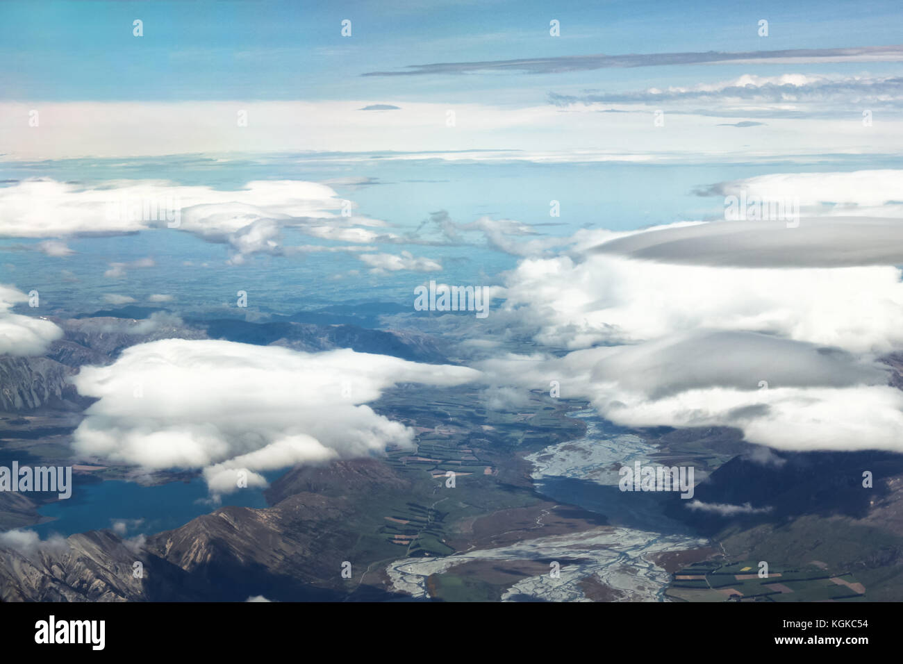 Aerial view of New Zealand mountains, South Island. Photo is taken from airplane heading from Sydney to Christchurch. Stock Photo