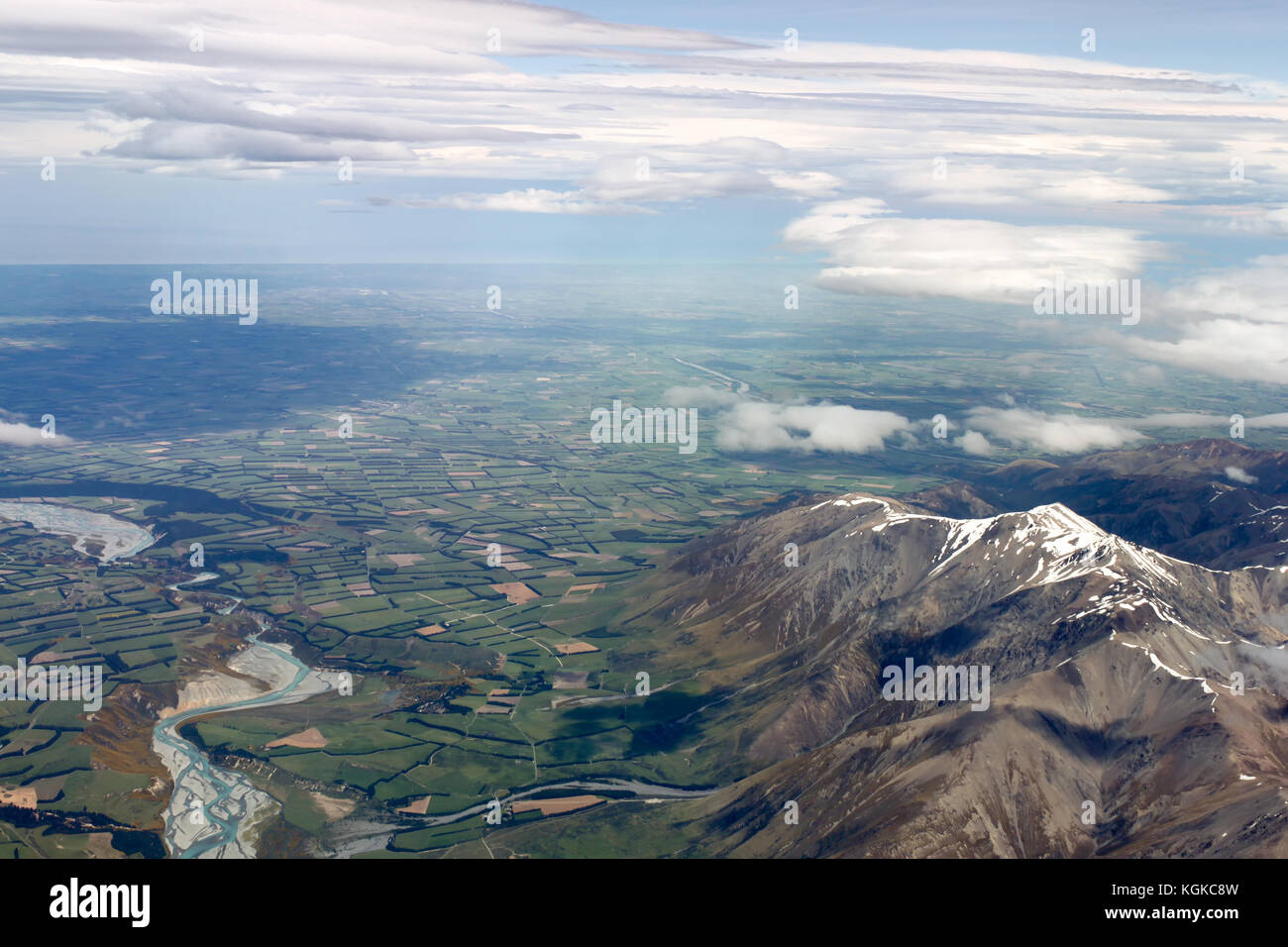 Aerial view of New Zealand mountains, South Island. Photo is taken from airplane heading from Sydney to Christchurch. Stock Photo