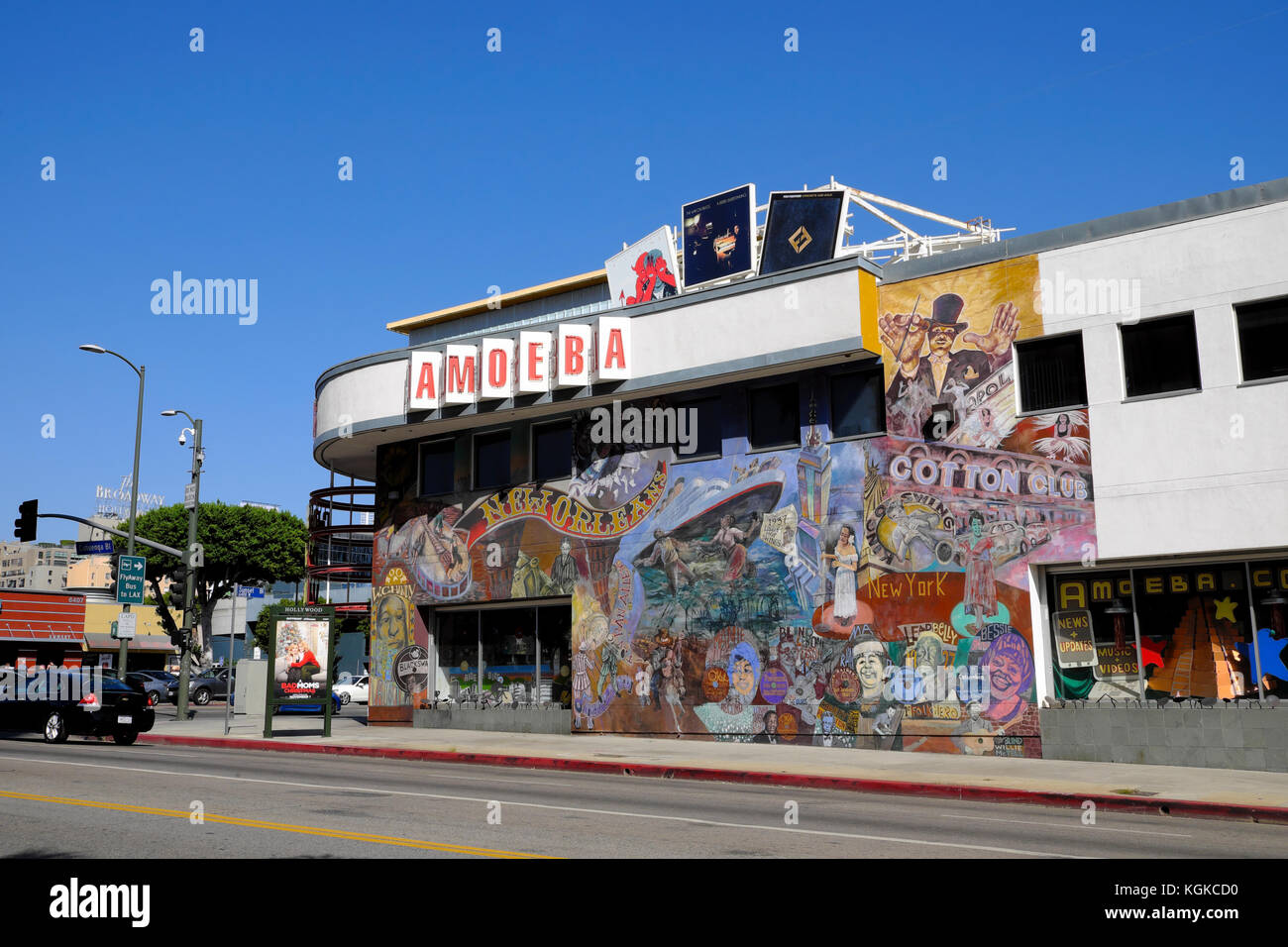 Mural on wall of Amoeba Music record store selling records on Sunset Boulevard in LA Los Angeles, California USA  KATHY DEWITT Stock Photo