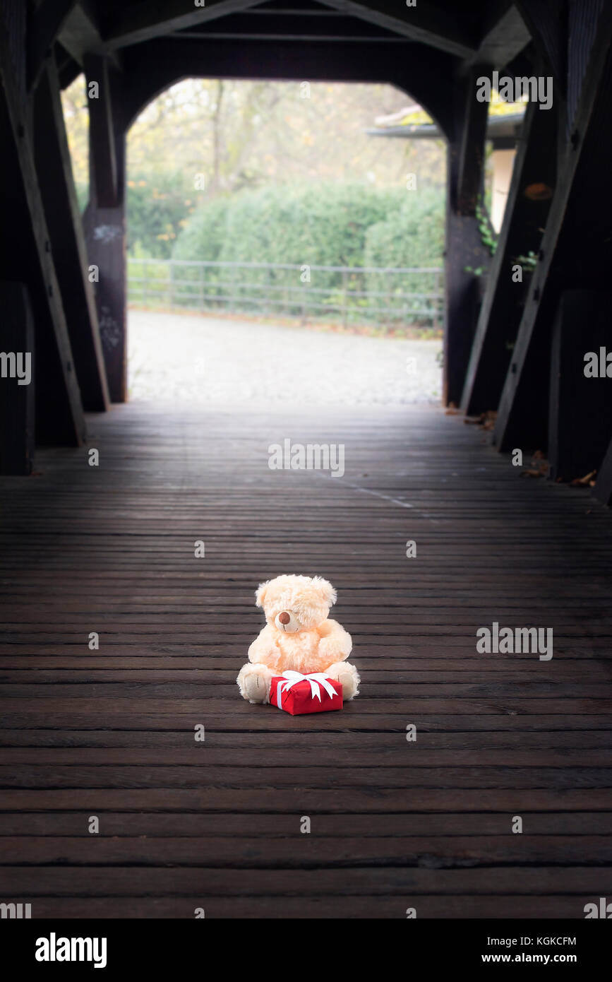 Vertical image with a cute teddy bear toy and a red gift box with white ...