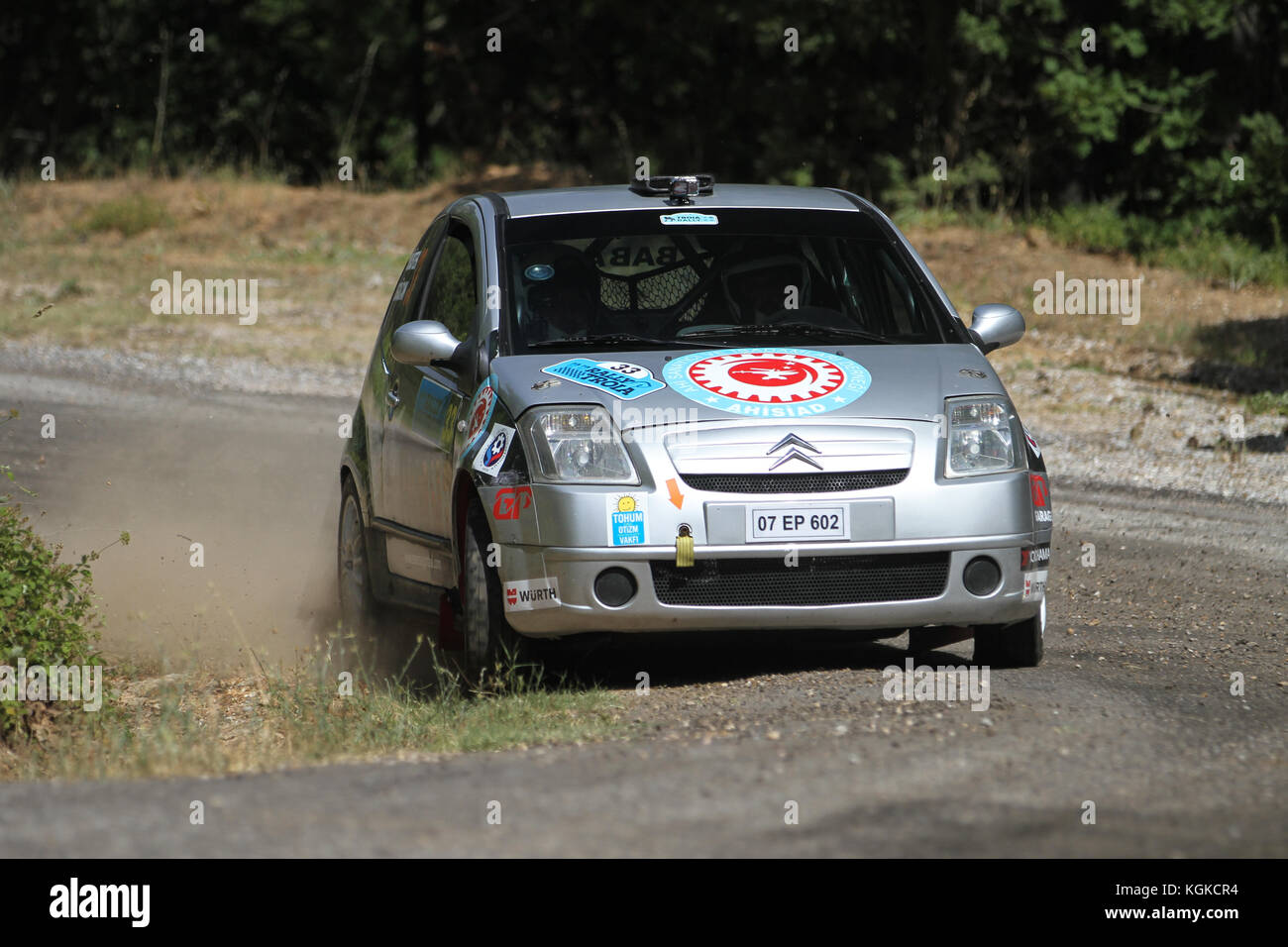 CANAKKALE, TURKEY - JULY 01, 2017: Omer Kostek drives Citroen C2 in Rally Troia Stock Photo