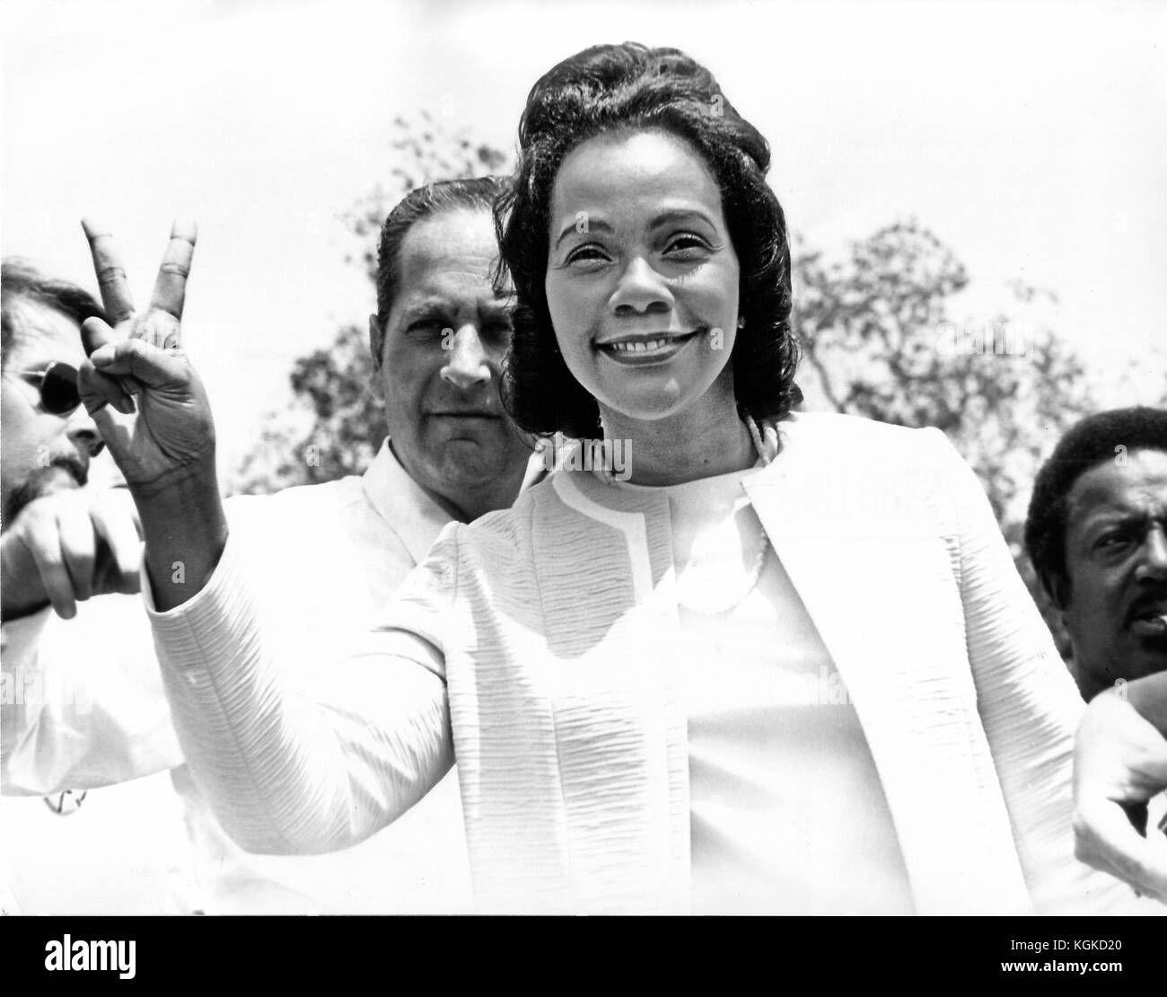 Washington, D.C. - January 31, 2006 -- Coretta Scott King has passed away in Atlanta, Georgia at age 78.  This file photo, taken in Washington, D.C.  on May 9, 1970 shows Mrs. Martin Luther King (Coretta Scott) flashing the victory sign as she attended an anti-war rally at the White House. She was one of over 100,000 demonstrators who attended the rally to protest the war in Vietnam and Cambodia..Credit: Benjamin E. 'Gene' Forte - CNP /MediaPunch Stock Photo