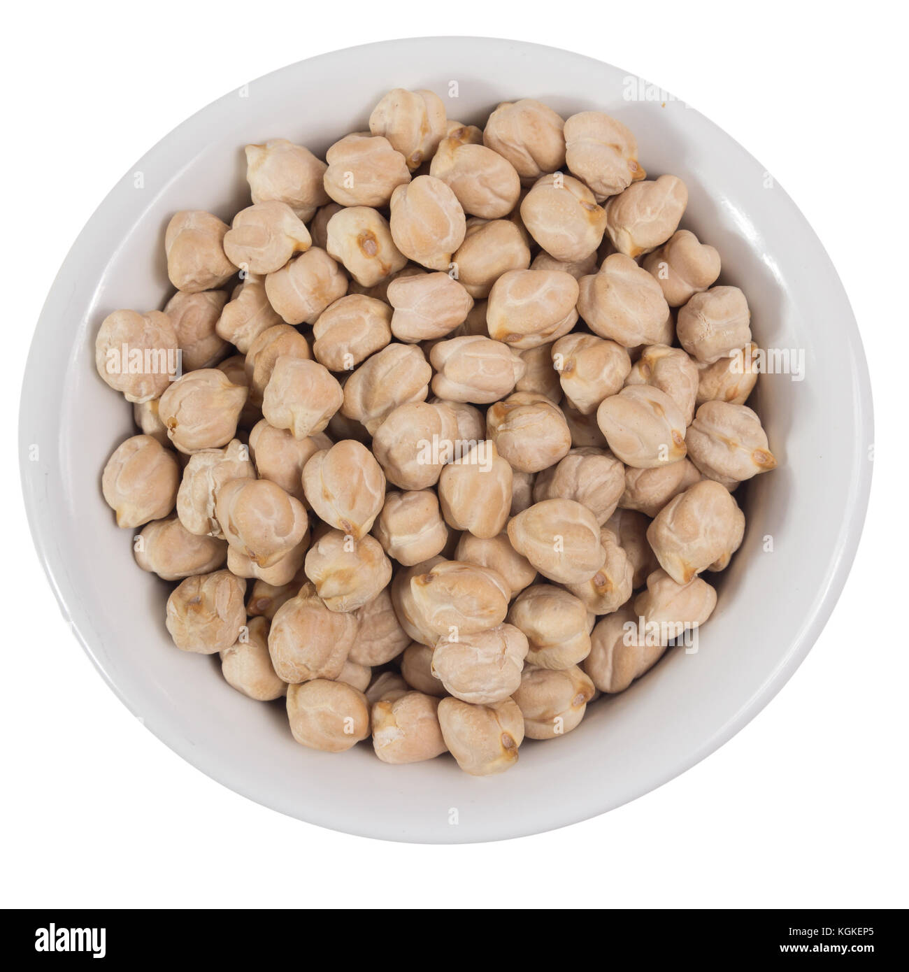 Cicer arietinum is cientific name of Chickpeas legume. Also known as Garbanzo bean, Chick Peas or Grao de Bico. Top view of grains on ceramics bowl. Stock Photo