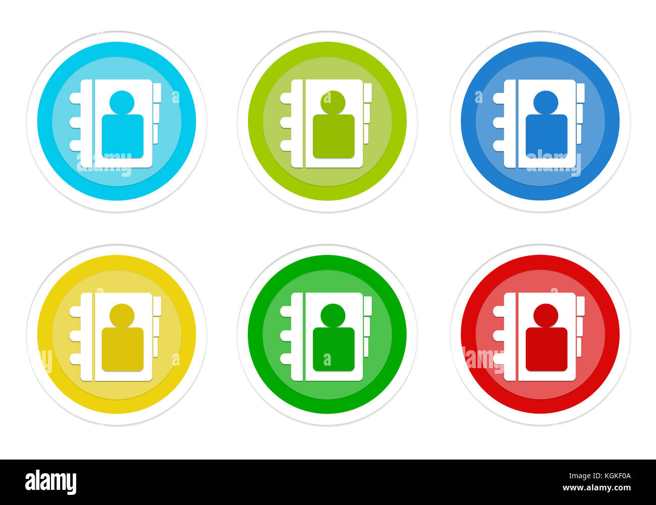 Set of rounded colorful buttons with address book symbol in blue, green ...