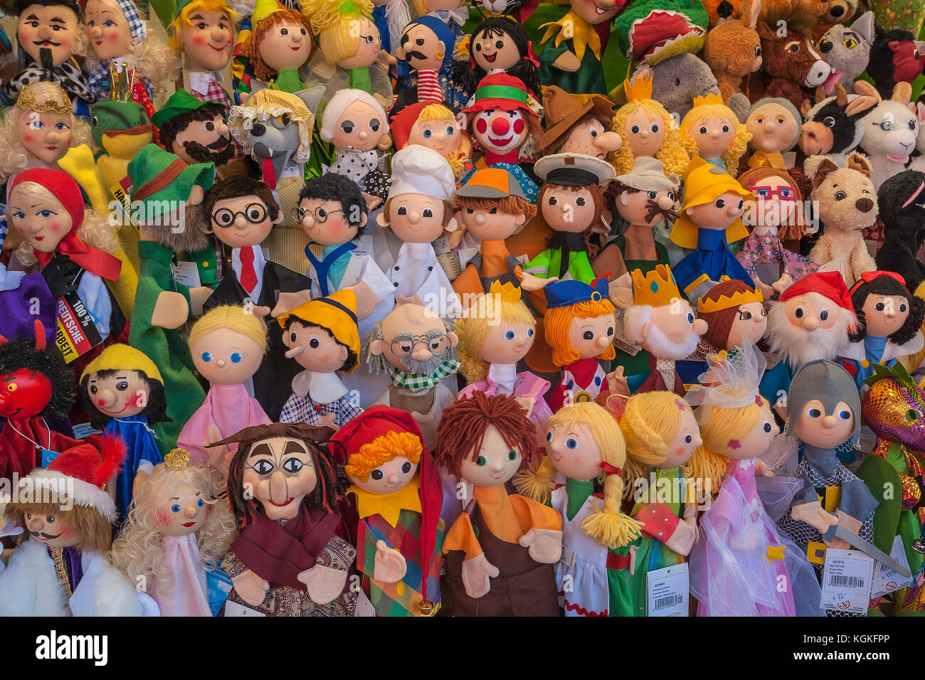 Various hand puppets Auer Dult, Munich, Upper Bavaria, Bavaria, Germany Stock Photo