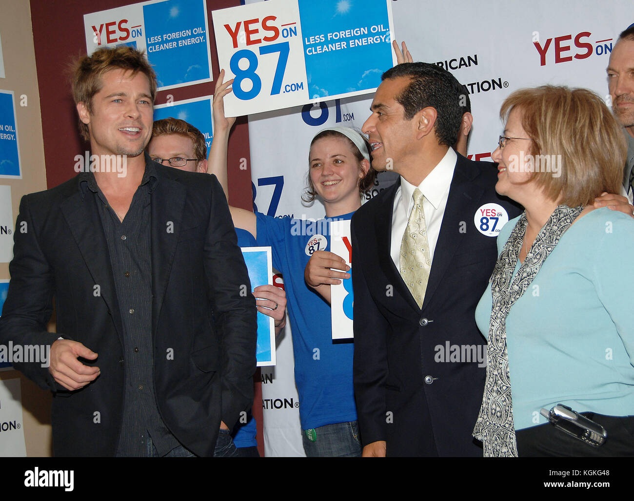 Brad Pitt and Los Angeles mayor Antonio Villaraigosa  at the L.A. Labor Headquarters for a get out and vote YES on 87.  headshot full length smile Brad Pitt 013  = Brad Pitt attending, People, Vertical, USA, Los Angeles, Actor, Film Premiere,  Photography, Red Carpet Event, Brad Pitt - Actor, Arts Culture and Entertainment, , Celebrities, Stock Photo
