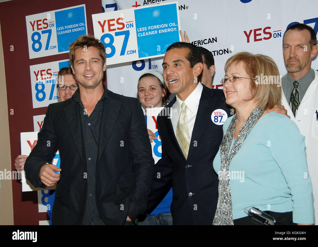 Brad Pitt and Los Angeles mayor Antonio Villaraigosa  at the L.A. Labor Headquarters for a get out and vote YES on 87.  headshot full length smile Brad Pitt 014  = Brad Pitt attending, People, Vertical, USA, Los Angeles, Actor, Film Premiere,  Photography, Red Carpet Event, Brad Pitt - Actor, Arts Culture and Entertainment, , Celebrities, Stock Photo