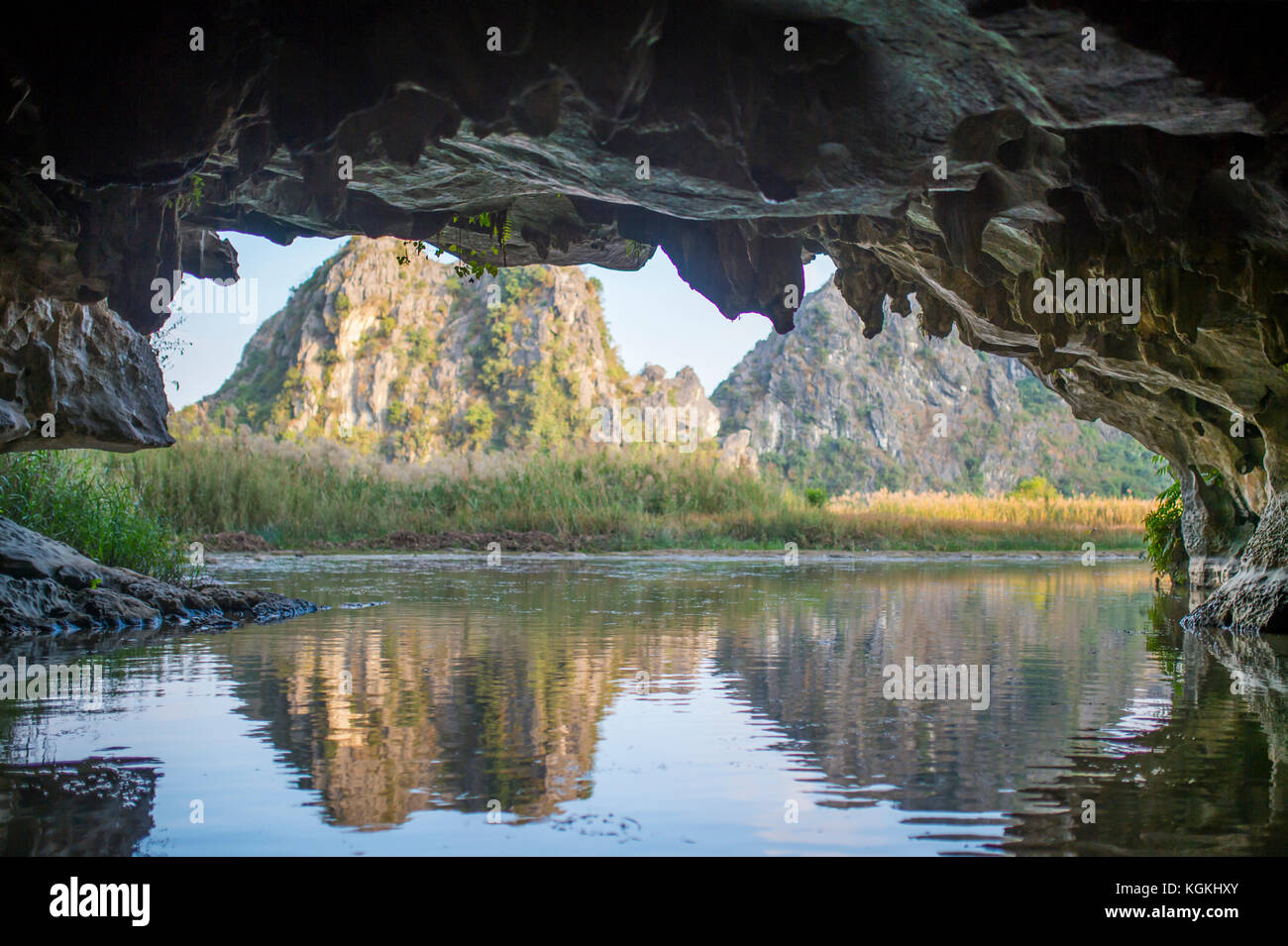 - Selective Focus- View from inside a cave of the Ngo Dong River at the Tam Coc portion, Ninh Binh Province, Vietnam. Stock Photo