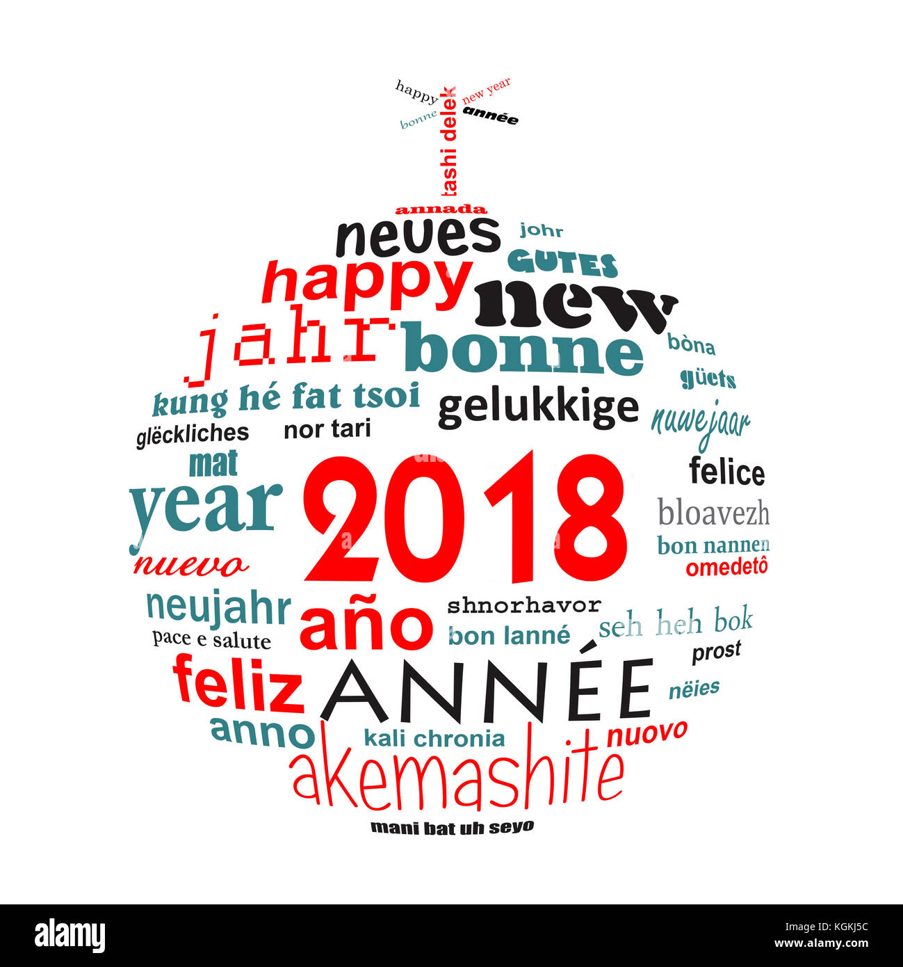 2018 new year multilingual text word cloud greeting card in the shape of a christmas ball Stock Photo