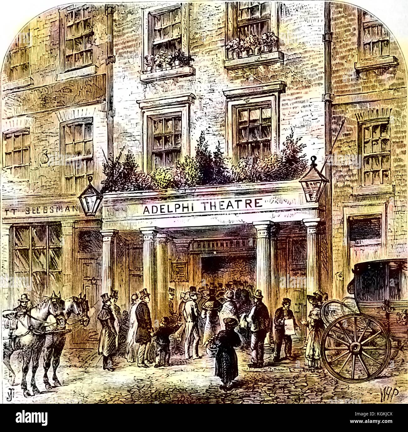 Engraving of the Old Adelphi Theatre, with crowd of well-dressed people in Victorian style clothing outdoors, on the Strand, Westminster, London, England, 1873. Courtesy Internet Archive. Note: Image has been digitally colorized using a modern process. Colors may not be period-accurate. Stock Photo