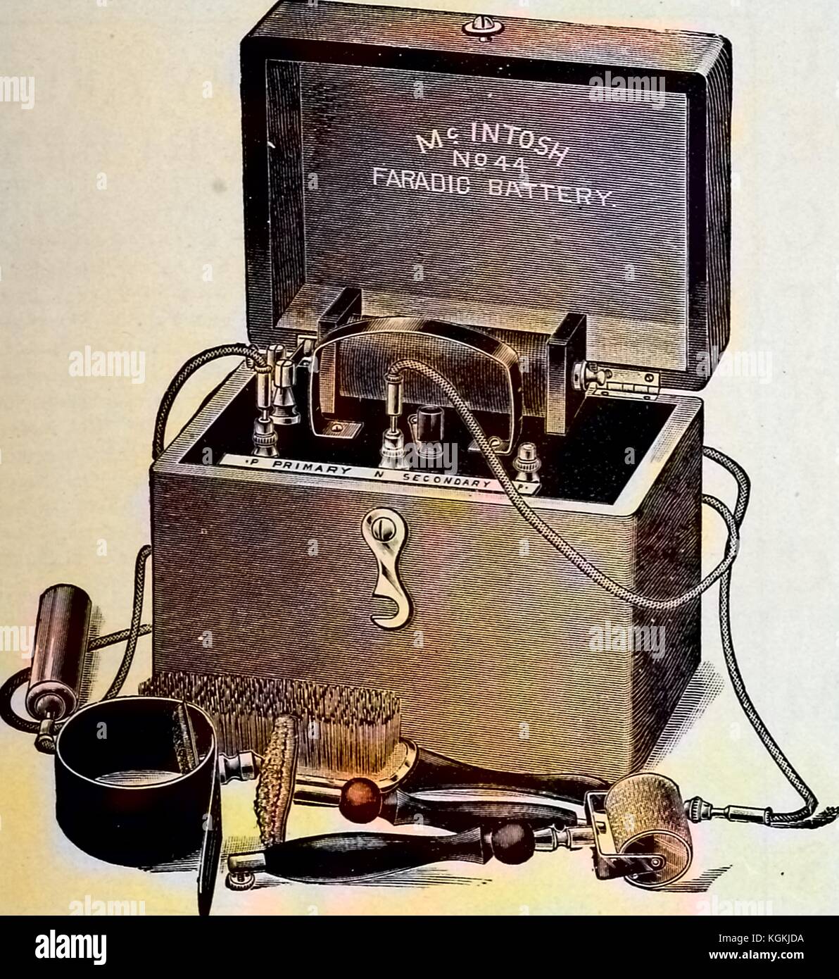 Illustration of a McIntosh Faradic Battery, an early electrical storage