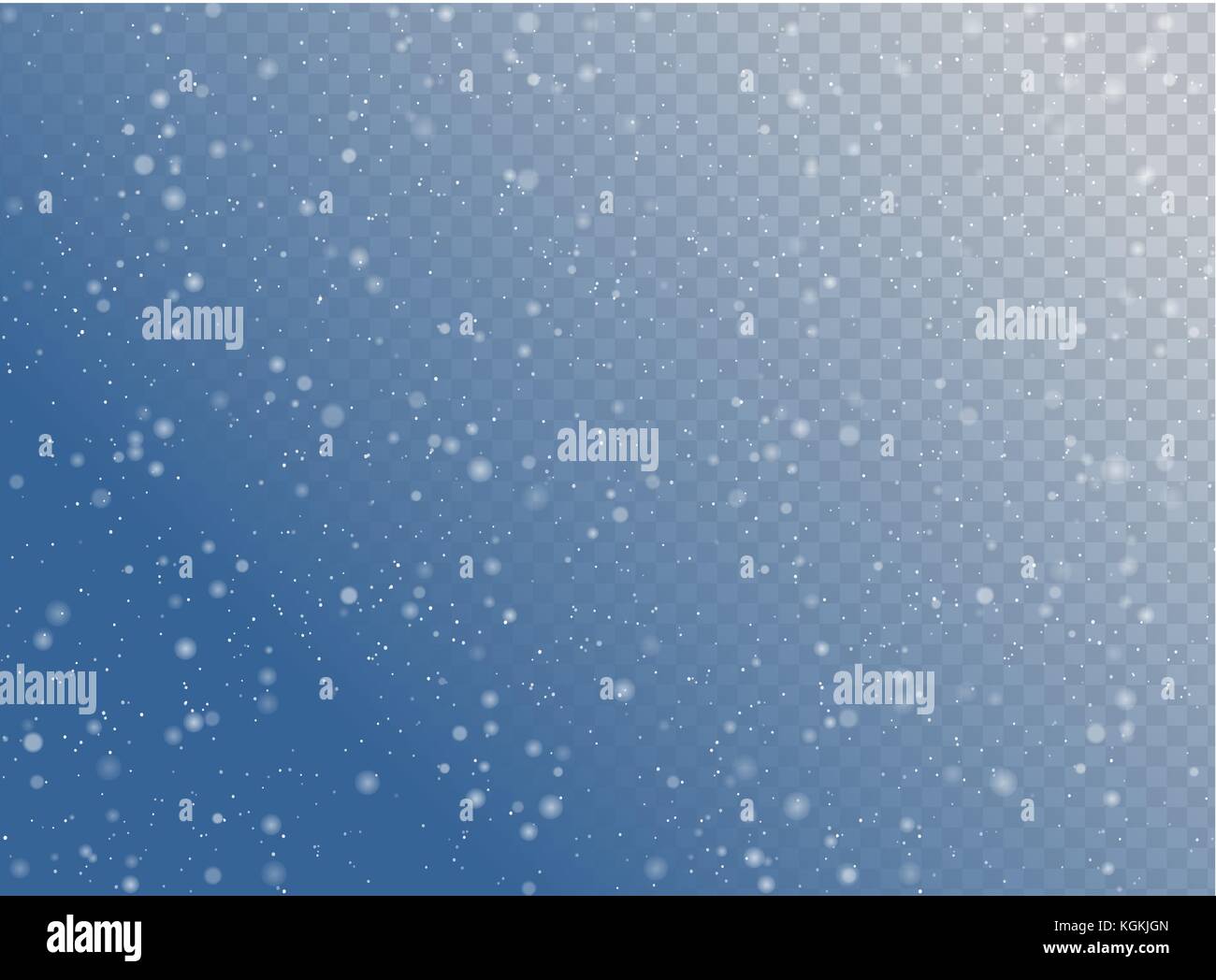Seamless vector white snowfall effect on blue transparent horizontal background. Overlay snow flake Christmas or New Year winter effect. Stock Vector