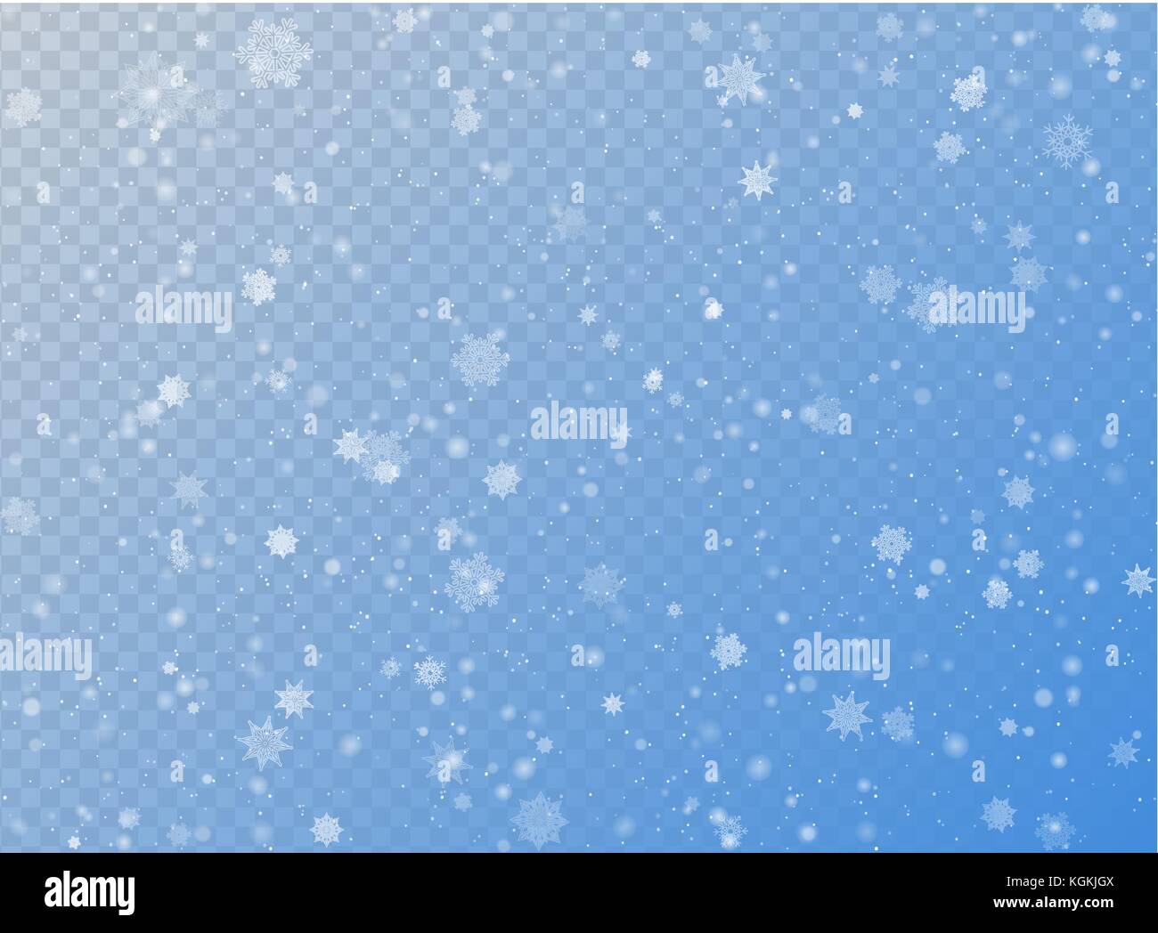 Seamless vector white snowfall effect on blue transparent horizontal background. Overlay snow flake Christmas or New Year winter effect. Elegant snowf Stock Vector