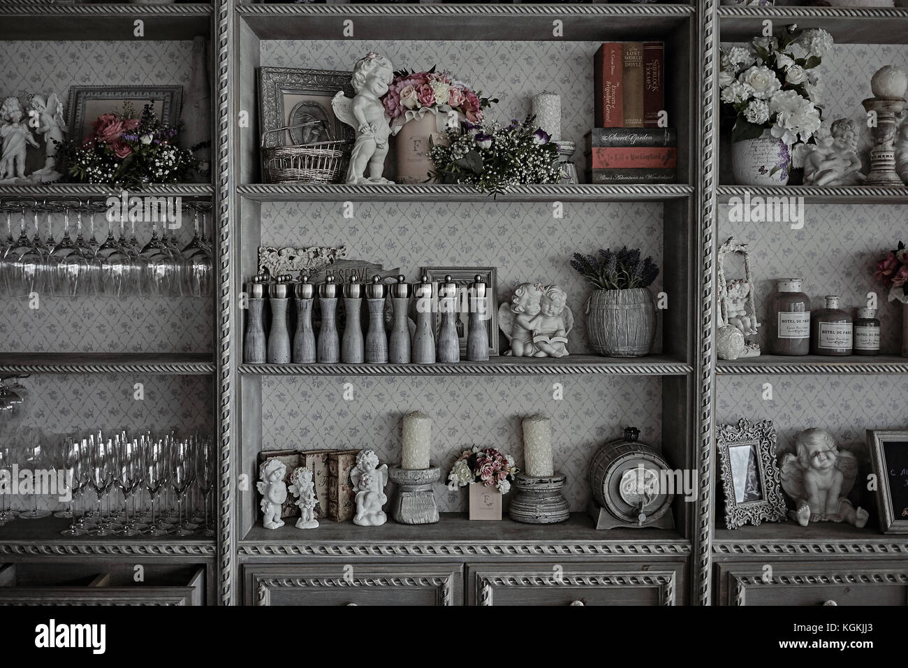 Kitchen utensils inside vintage cabinet in a restaurant Stock Photo