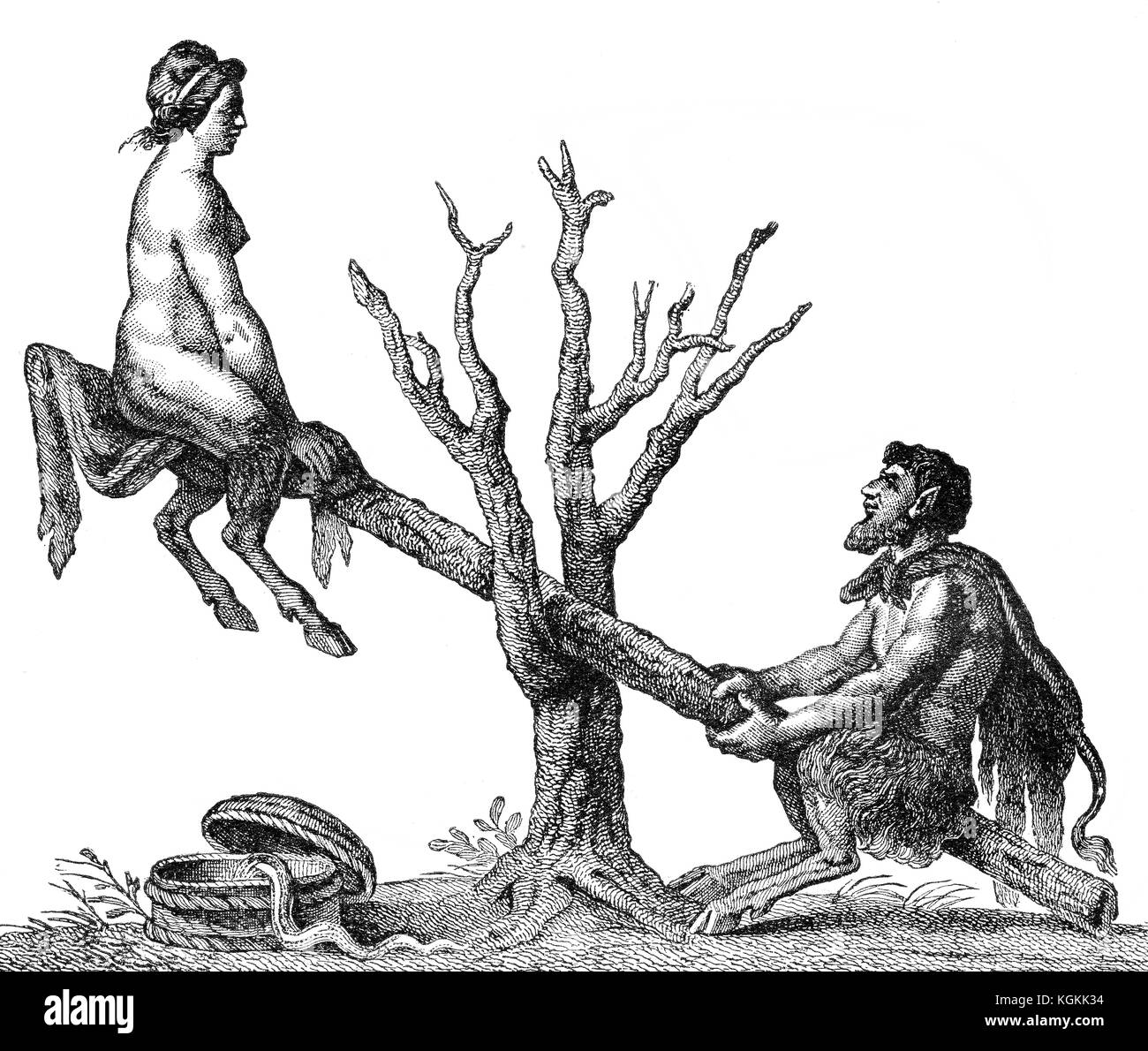 Caricature of Adam and Eve on a seesaw as devils Stock Photo