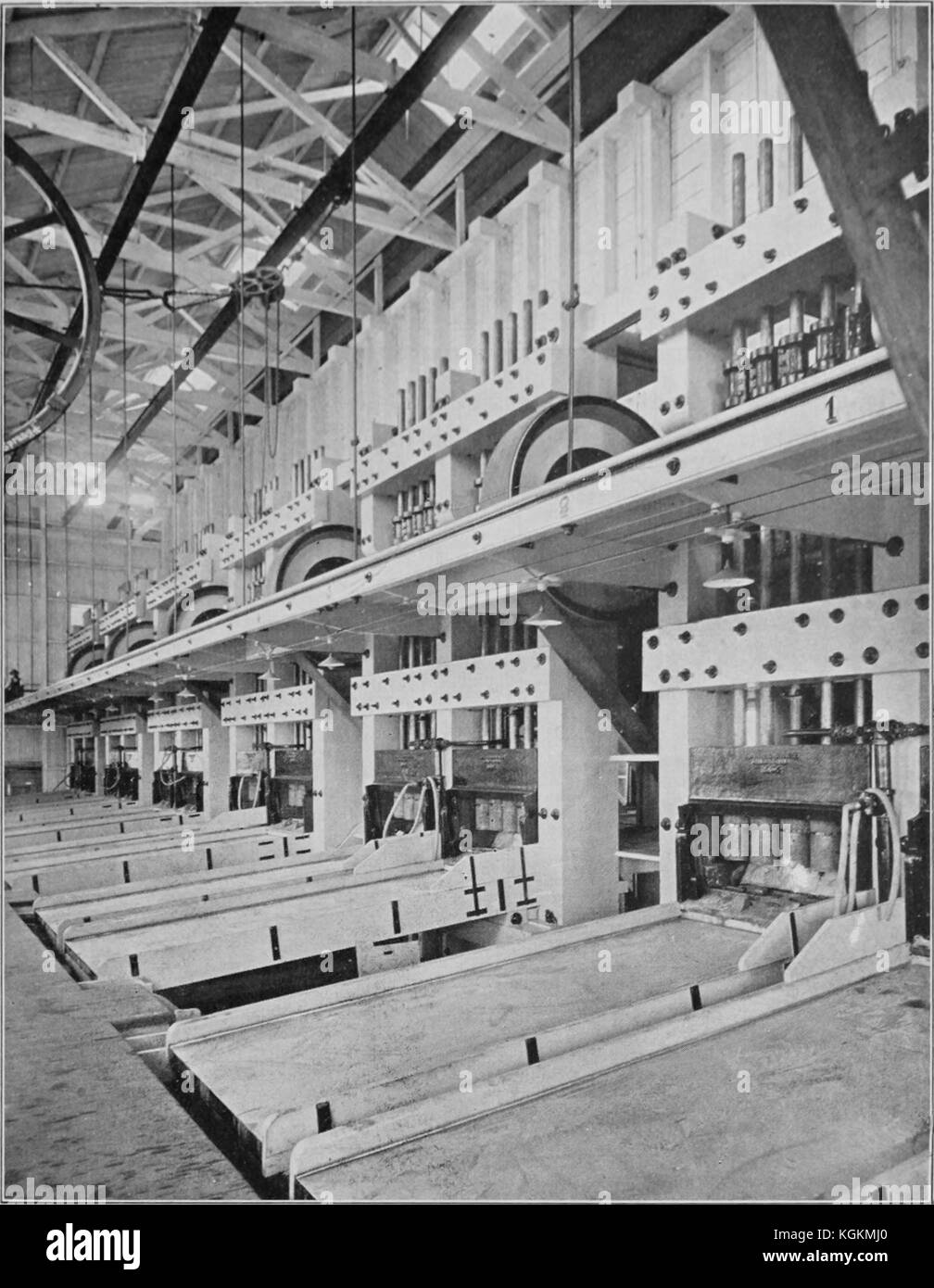 Photograph of row of stamp mills in a factory, used to process metal ores and other materials which need to be pulverized as part of an industrial process, 1891. Courtesy Internet Archive. Stock Photo