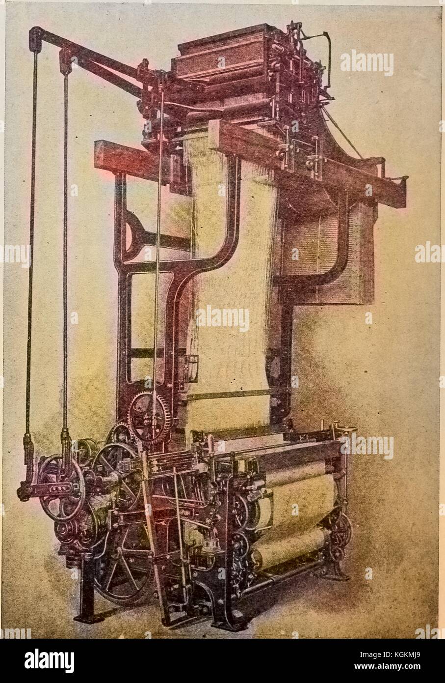 Engraved image of a Jacquard silk loom with a motor drive, and early example of industrial automation; Jacquard looms use the patterns punched on a card to automatically weave complex fabric designs, and were an inspiration for early punch card computers, 1918. Courtesy Internet Archive. Note: Image has been digitally colorized using a modern process. Colors may not be period-accurate. Stock Photo