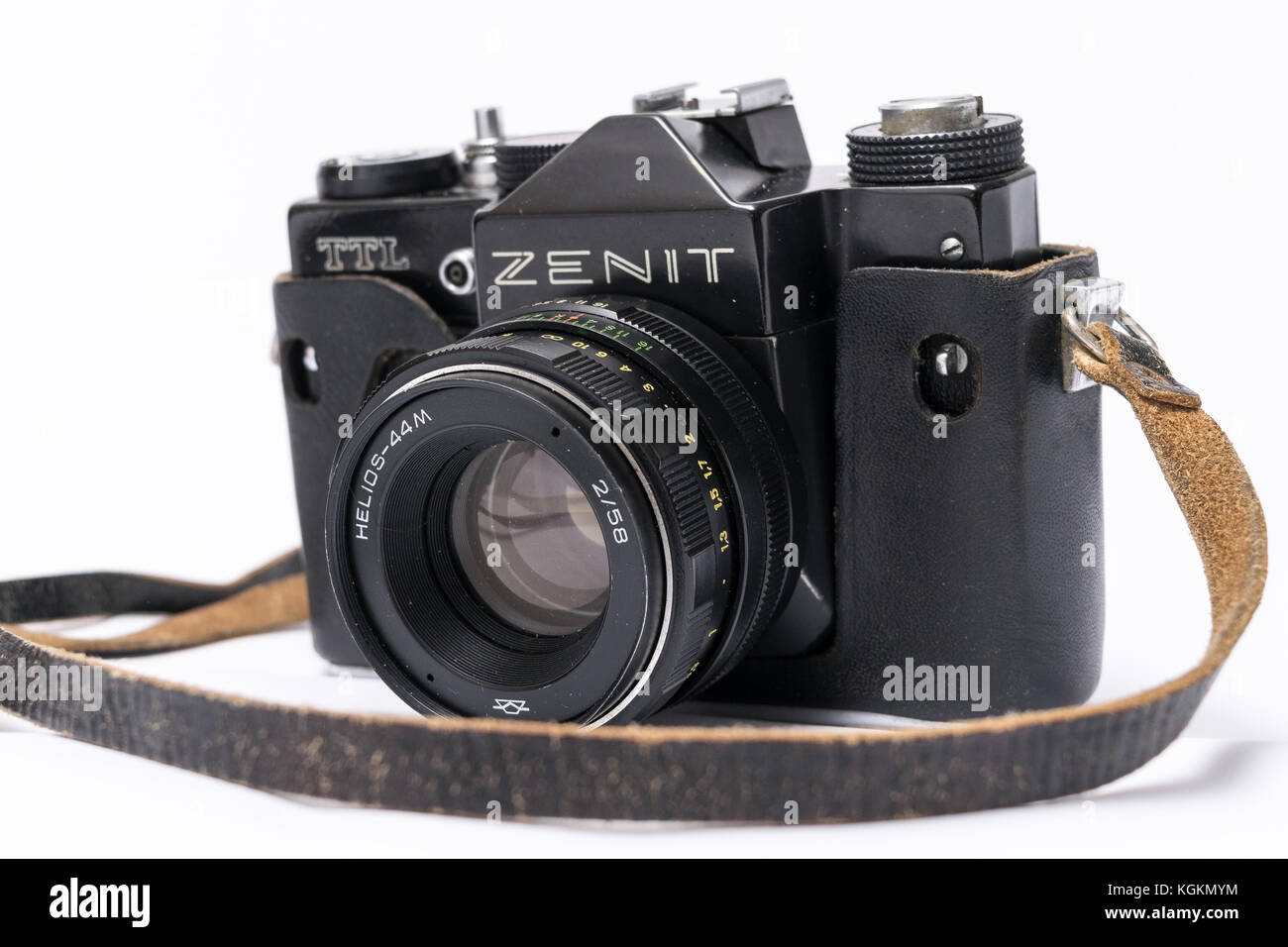 Old Soviet Zenit TLL 35 mm film camera isolated on white with Helios 44-2 lens Stock Photo