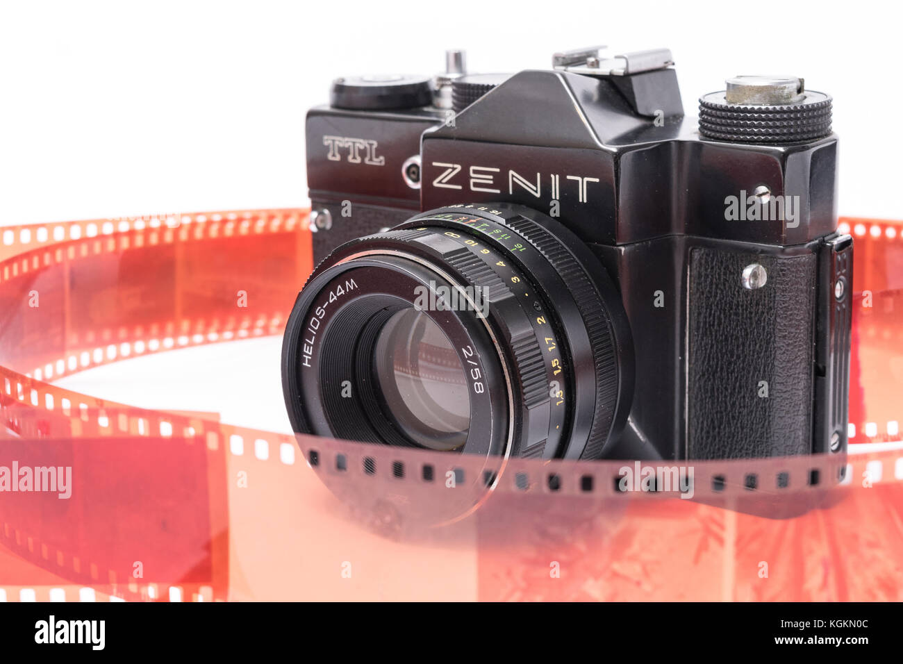 Old Soviet Zenit TTL 35 mm film camera isolated on white Stock Photo
