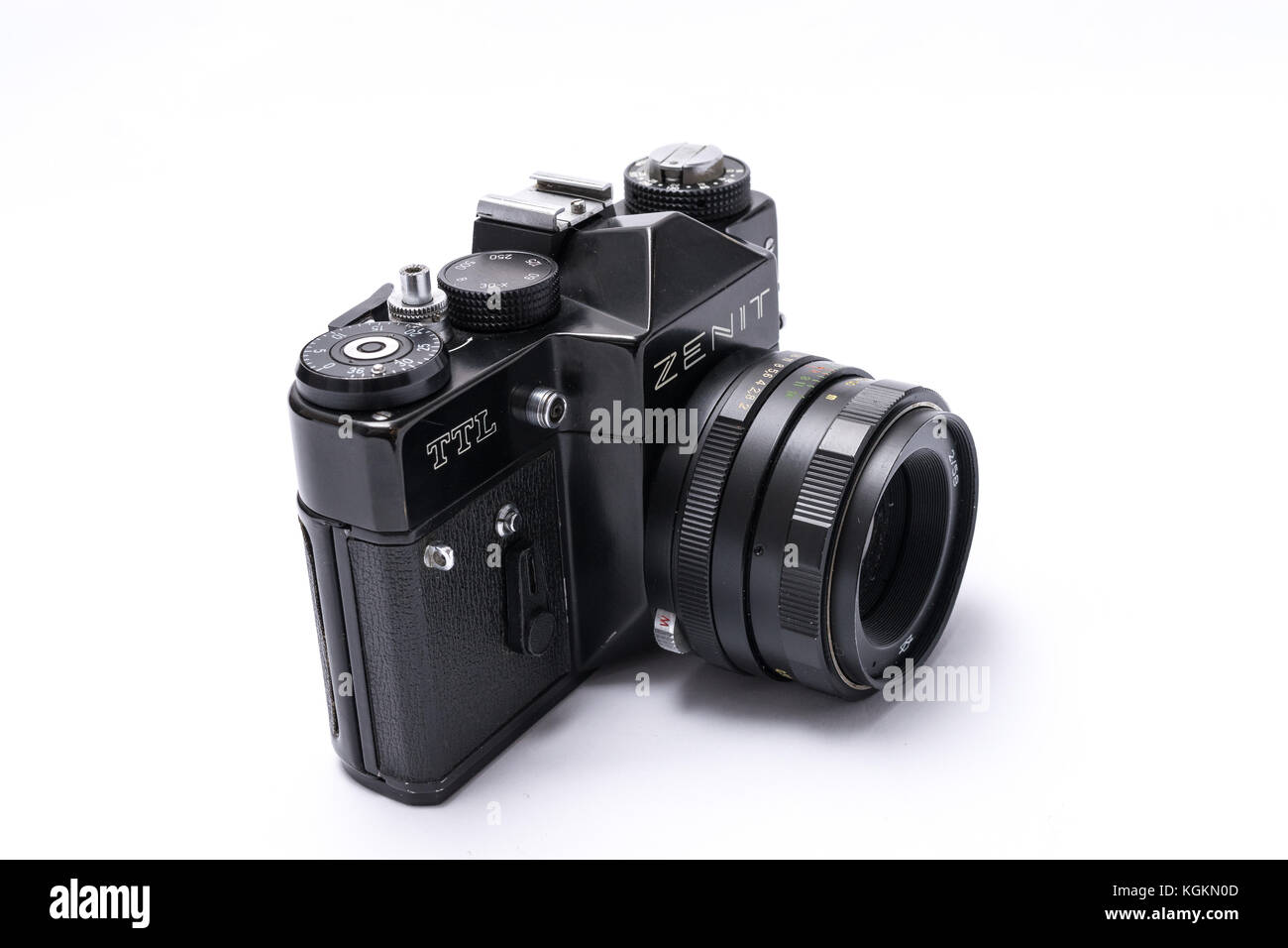 Old Soviet Zenit TTL 35 mm film camera isolated on white Stock Photo