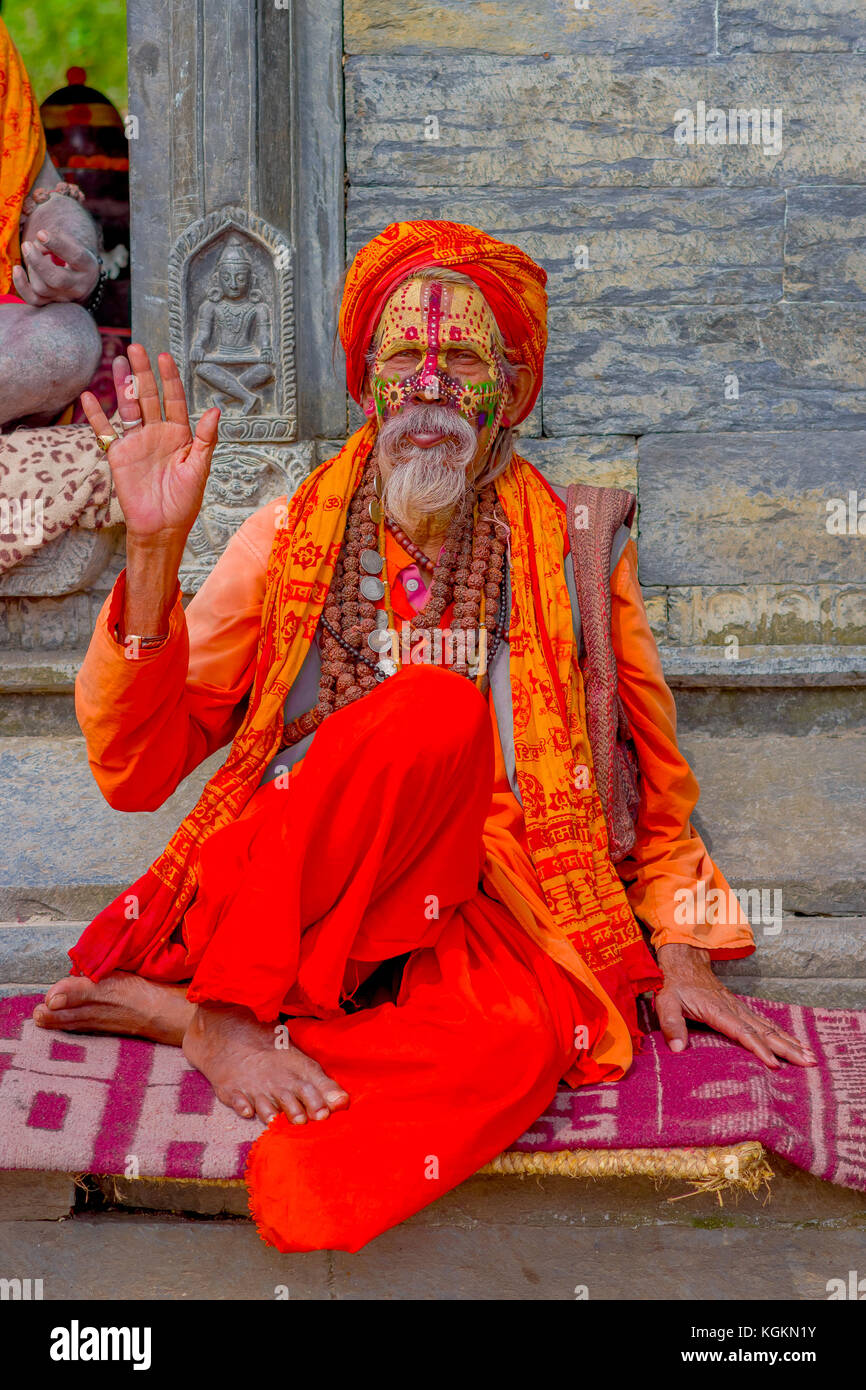 KATHMANDU, NEPAL MARCH 22, 2017 Close up of Yogi in Pashupatinath