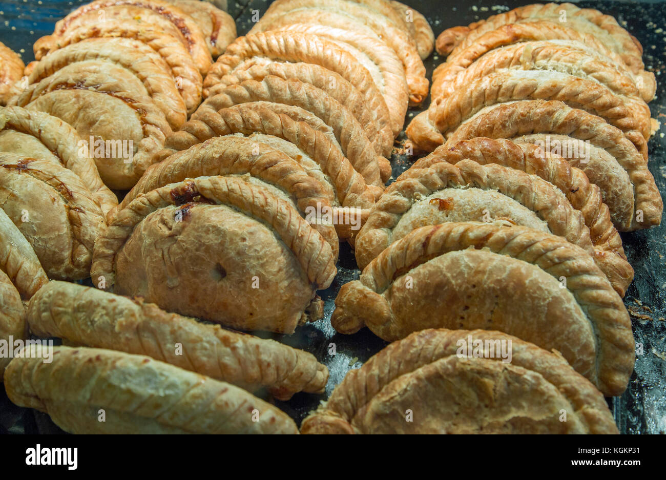 Many Traditional Cornish pasties in a shop display Stock Photo Alamy