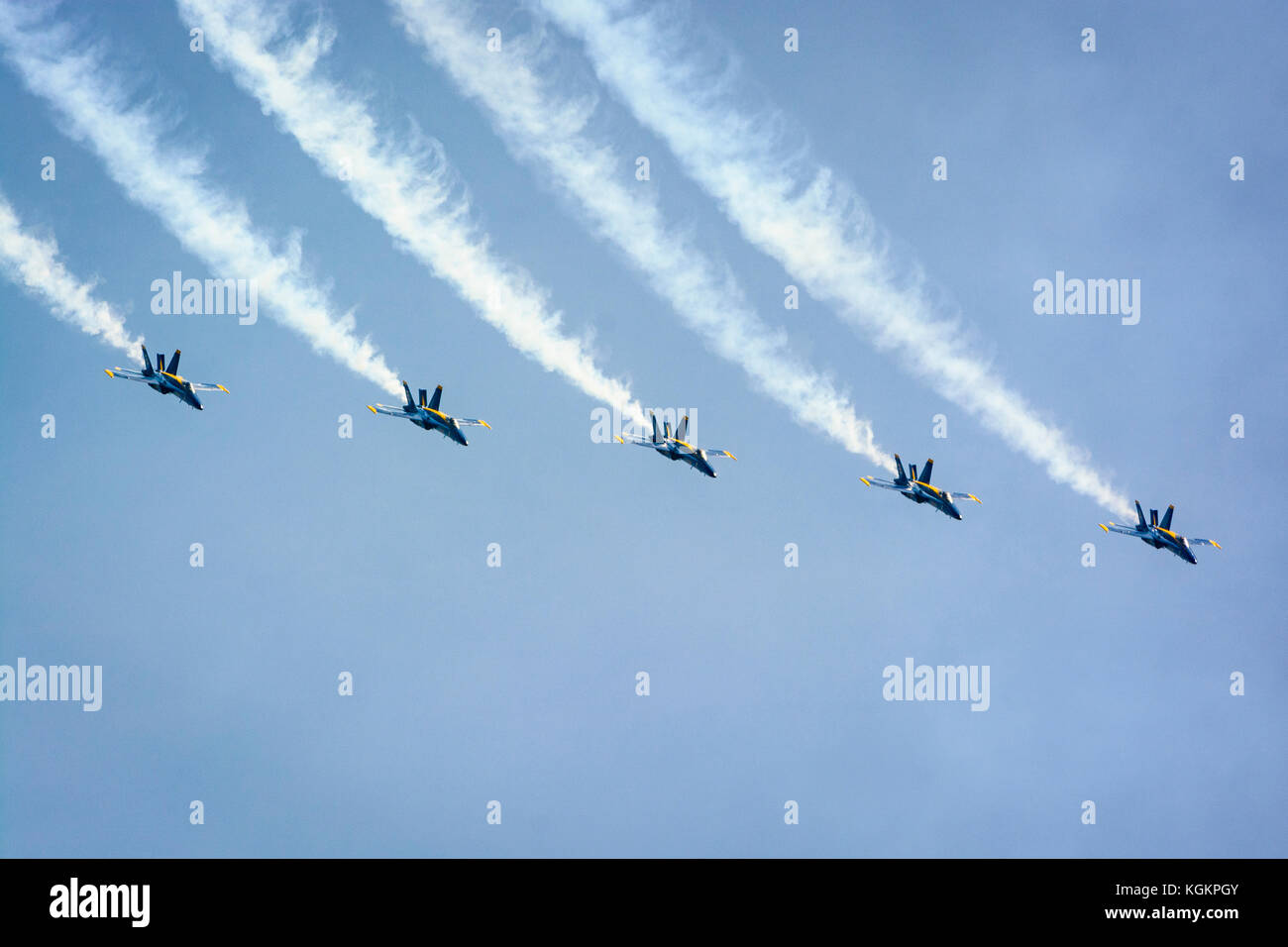 The United States Navy precision flying team, the Blue Angles perform over the skies of Annapolis, Maryland. Stock Photo