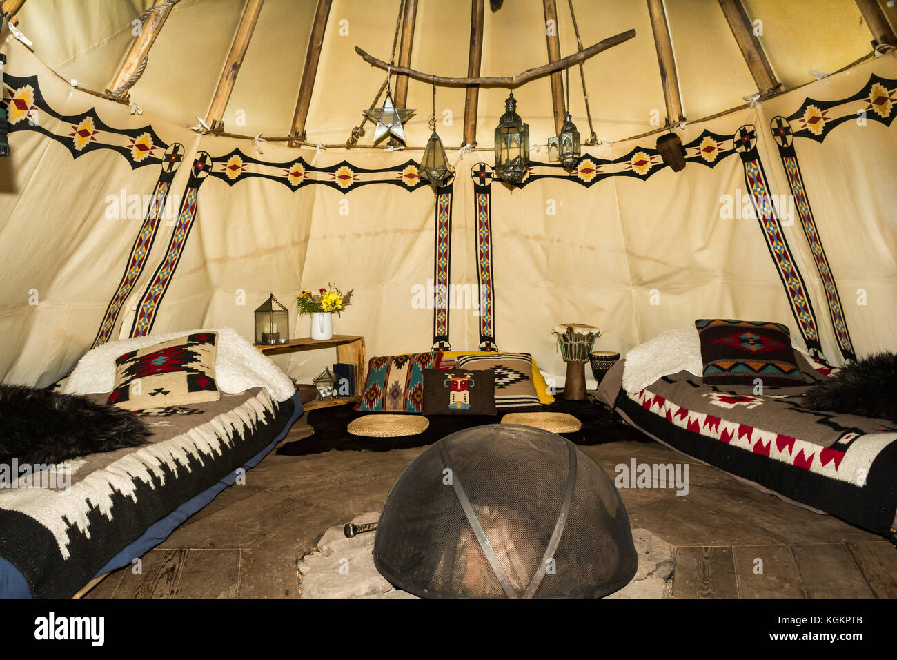 The inside of a Glamping Teepee. Stock Photo
