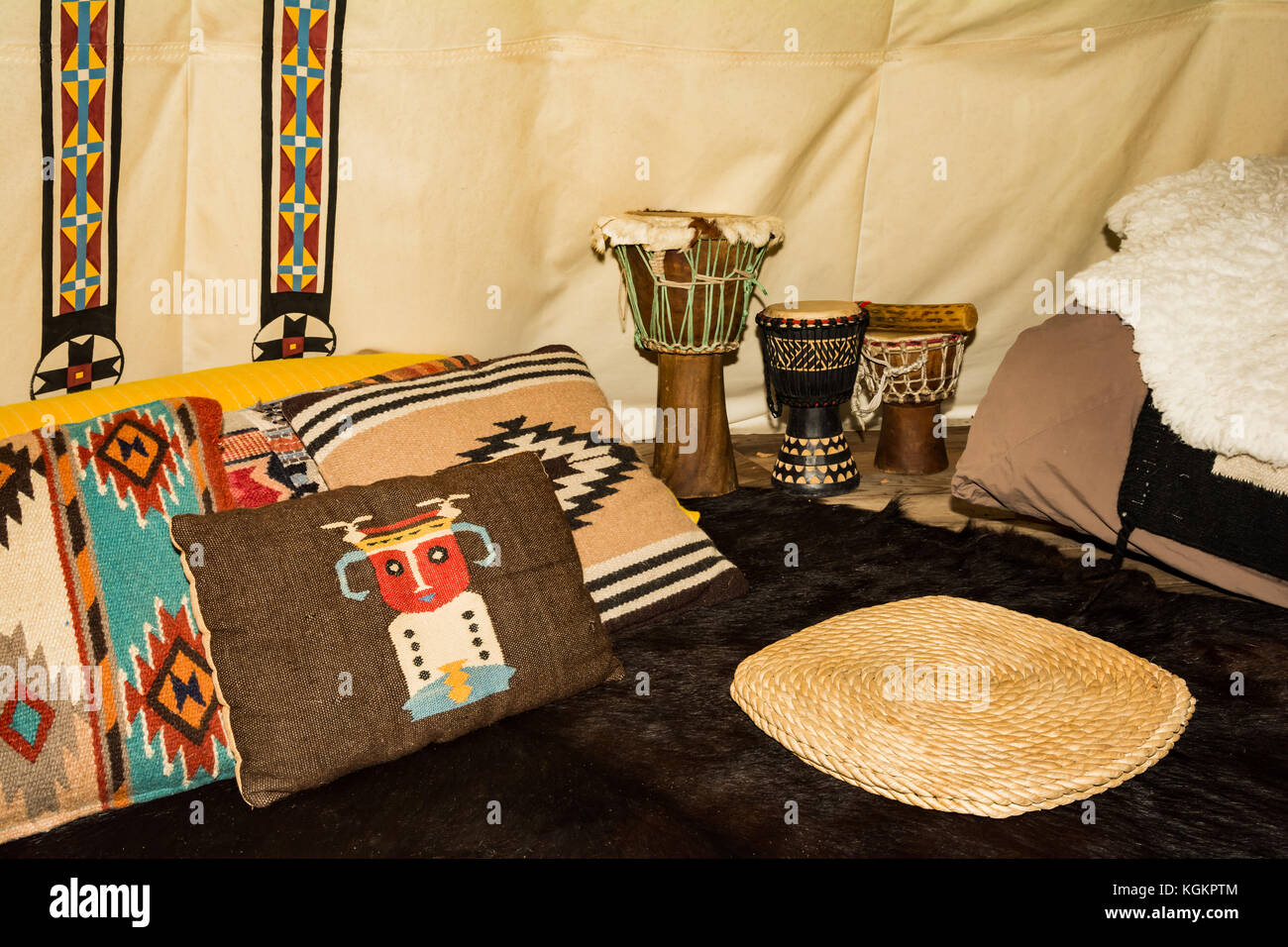 The inside of a Glamping Teepee. Stock Photo