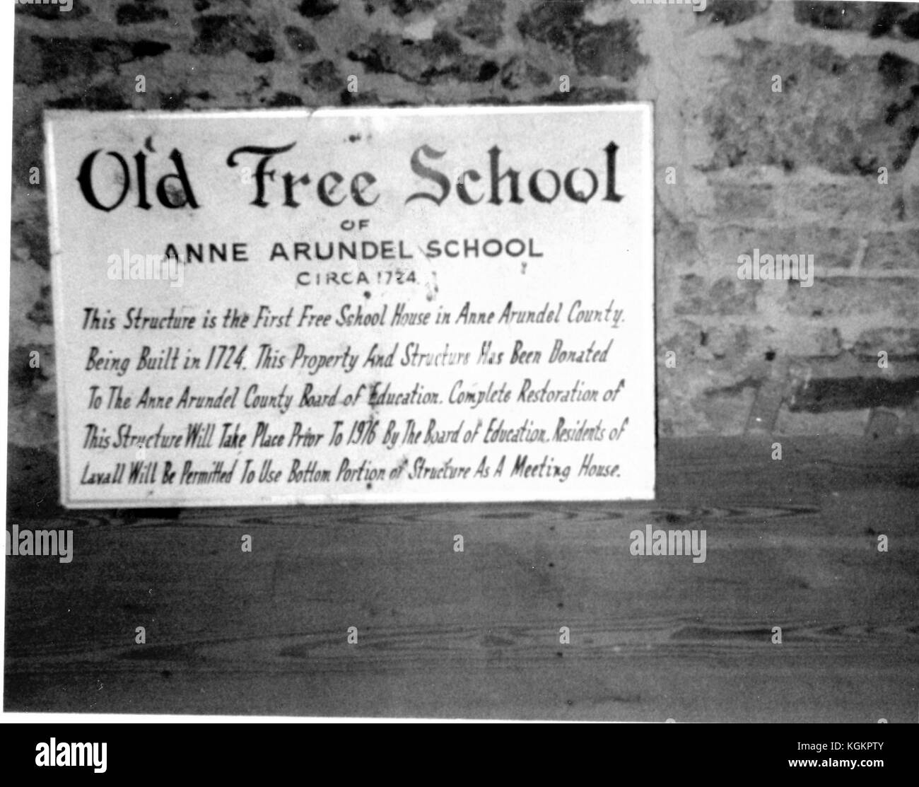 Sign on the inside of the Old Free School, a school attended by Johns Hopkins and the first free school established in Anne Arundel County in 1724, 1989. Stock Photo