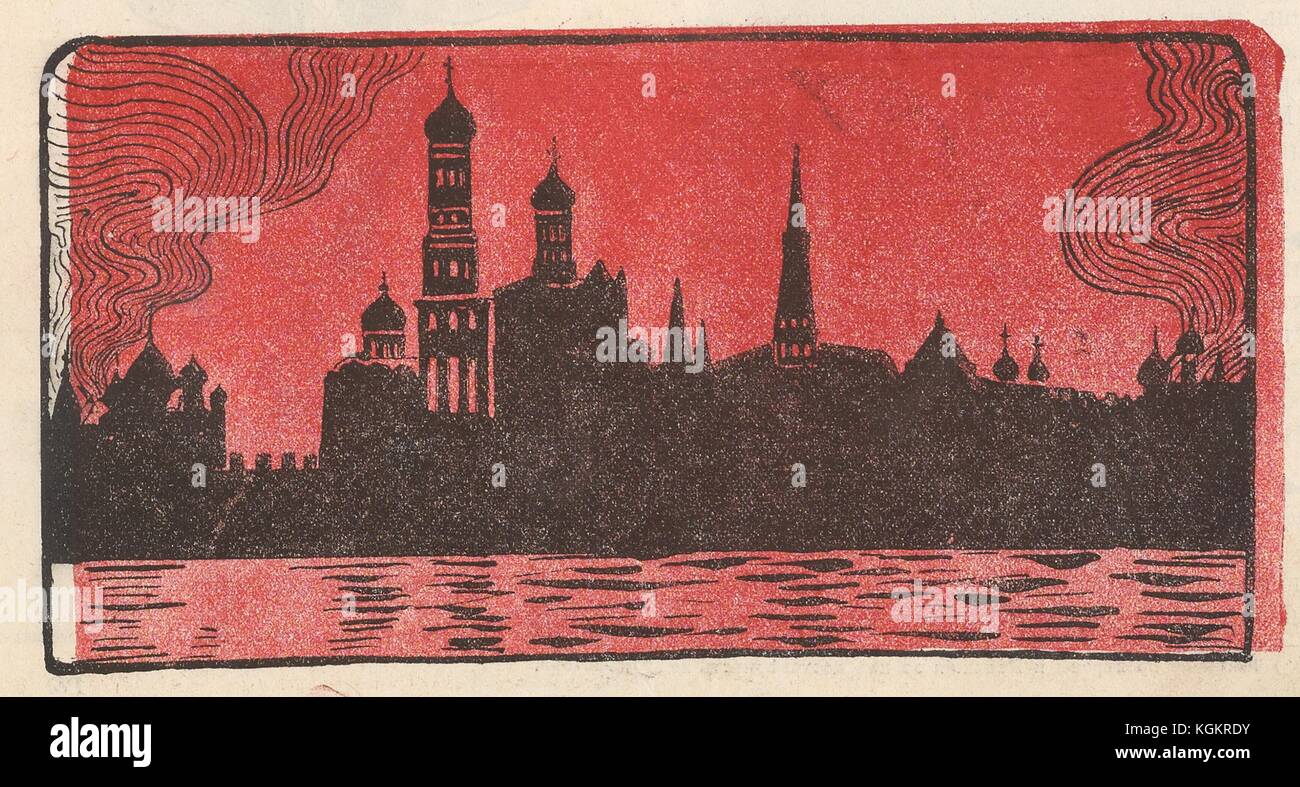 Illustration from the Russian satirical journal Krasnyi Smekh (Red Laughter) depicting the Moscow skyline, specifically a silhouette of the Moscow Kremlin, against a red sky and Moskva River, 1905. Stock Photo