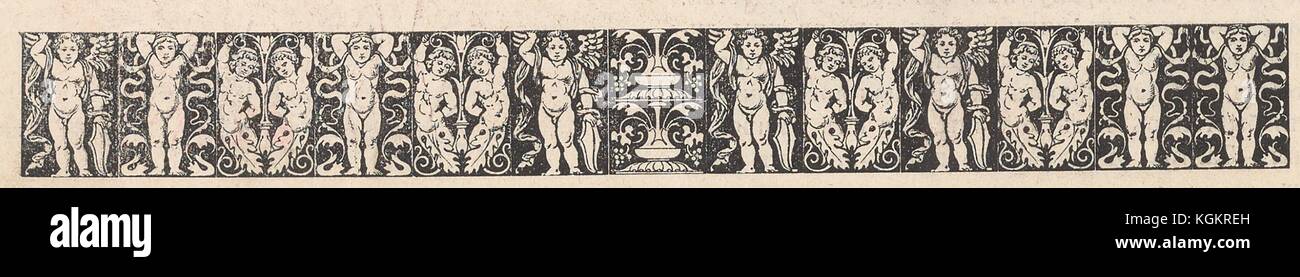 Decorative border from the Russian satirical journal Krasnyi Smekh (Red Laughter) showing three repeating pictures of cherubs in varying positions, with two pictures of a fountain in the center of the border, 1905. Stock Photo