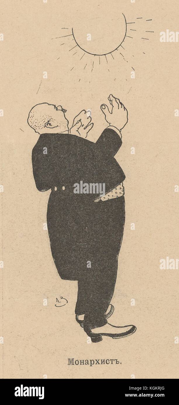 Illustration from the Russian satirical journal Ovod (Gadfly) of a man in a tailcoat and dress shoes looking up at the sun, likely symbolizing the tsar, while holding his hands towards it as if worshiping it, with text reading 'Monarchist', 1906. Stock Photo