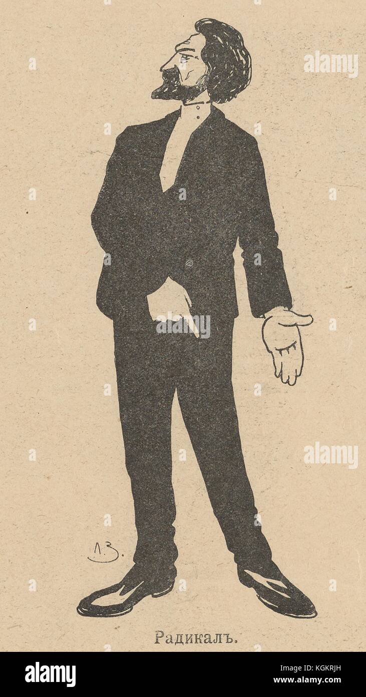 Illustration from the Russian satirical journal Ovod (Gadfly) of a man in a suit pointing towards the ground while looking off to the side, with text reading 'Radical', 1906. Stock Photo
