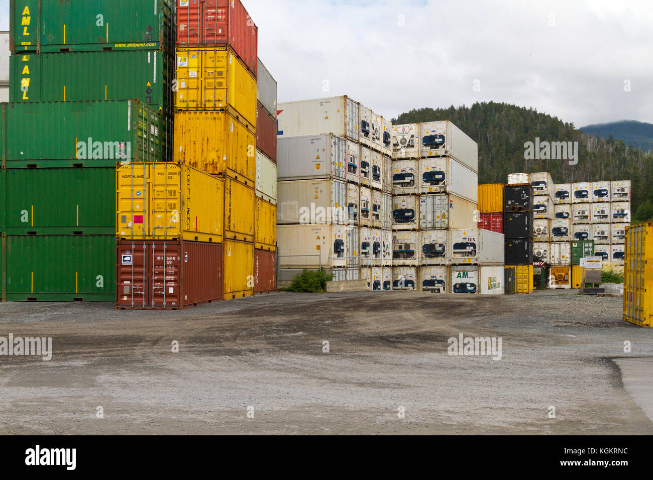 Colorful (Colourful) shipping containers stacked in Sitka, Alaska Stock